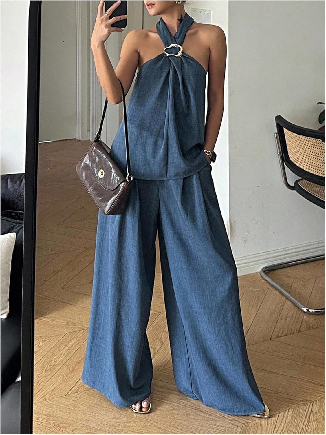 SweatyRocks Women's 2 Piece Outfits Halter Tank Top Blouse and Wide Leg Pants Matching Sets - Image 2