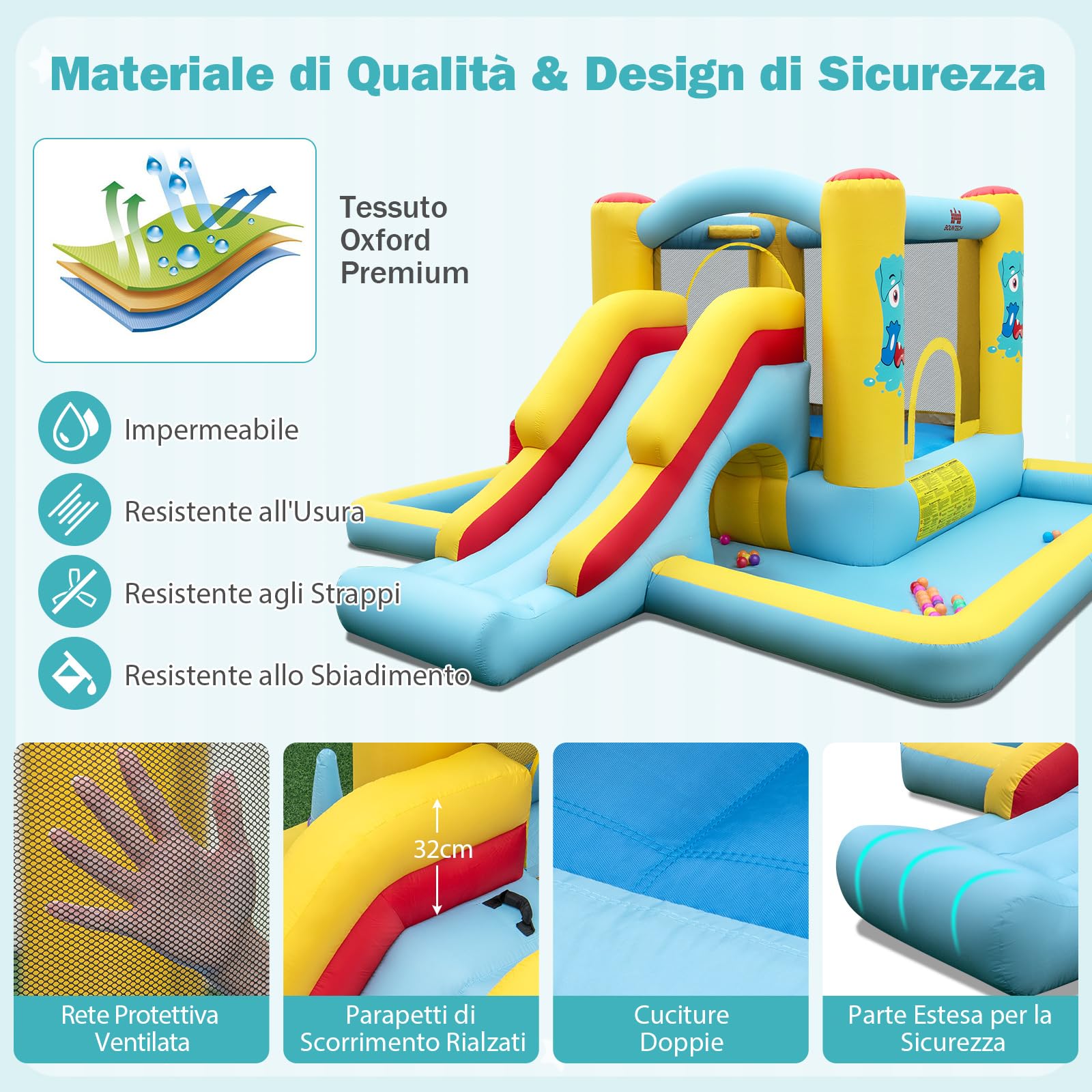 COSTWAY Castello Gonfiabile 7 in 1 per Bambini con Scivolo, Castello Gonfiabile con Mongolfiera, 50 Palline, Anelli e Basket, Gioco Gonfiabile da Interno ed Esterno, per Bambini da 3 a 10 Anni