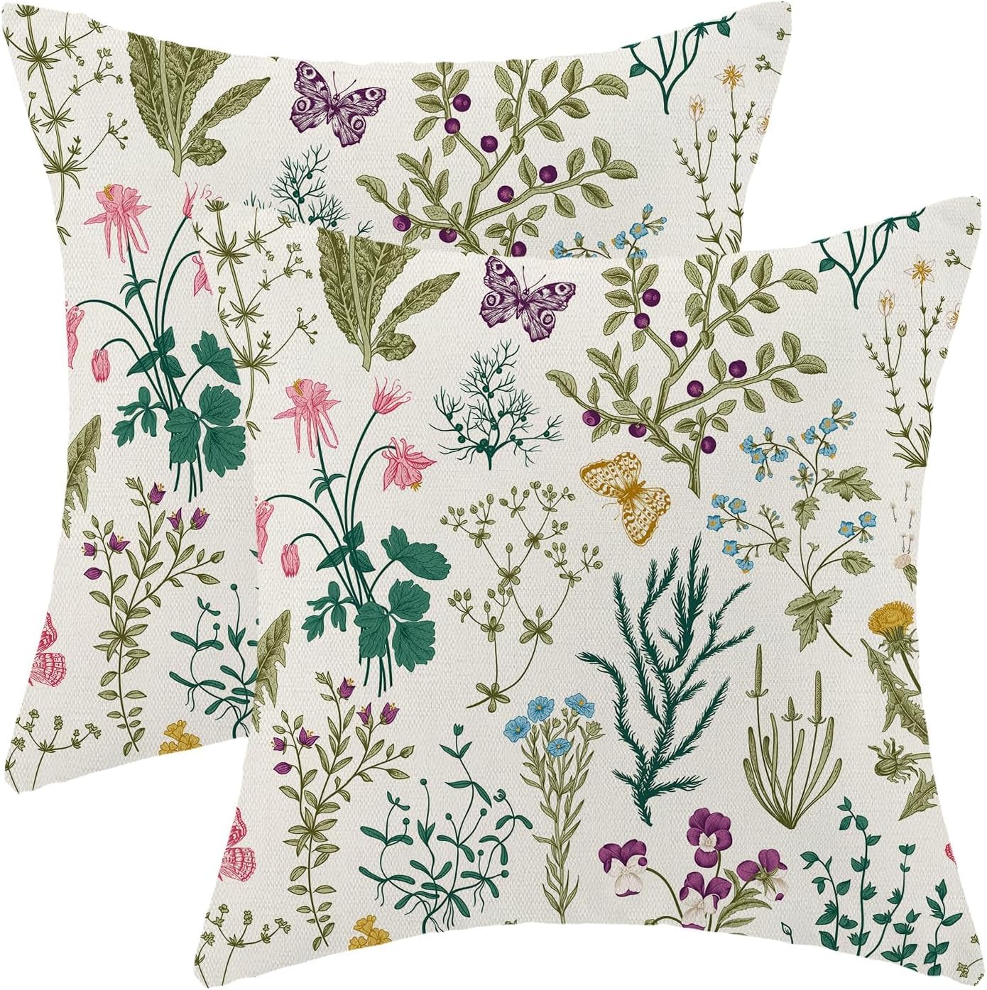 AEIOAE Spring Pillow Covers 22x22 Inch Set of 2,Sage Green Teal Wild Flower Plant Throw Pillows Case,Seasonal Floral Outdoor Decorative Linen Farmhouse Decor Cushion Covers for Home Sofa Bed Couch