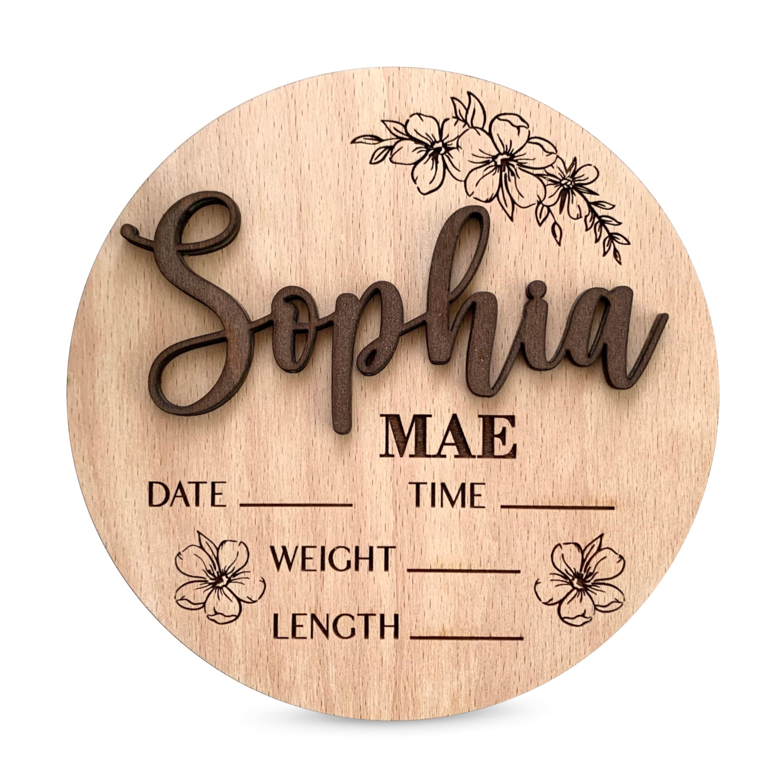 Panneau de Naissance Personnalisé en Bois 3D avec Fleurs – Plaque Prénom Bébé – Annonce de Naissance Unique – Cadeau Nouveau-né – Décoration Chambre Bébé - Accessoires photo pour l'hôpital (Design 1)