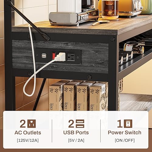 Miniatura 4 de Itaar Estante para panaderos con toma de corriente, barra de café de 6 niveles, soporte para microondas con estante para vino, luces LED y 10