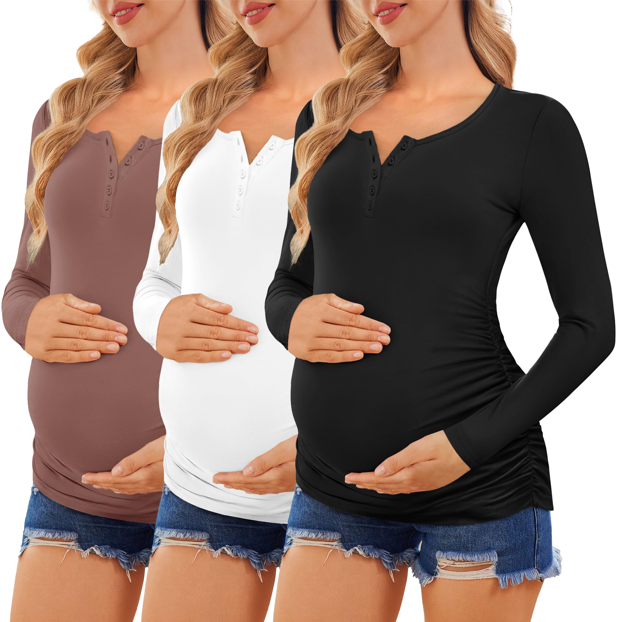 Ekouaer Women 3 Pack Maternity Shirts Long Sleeve Pregnancy Tops Button Down Postpartum Tees Scoop Neck Pregnant T