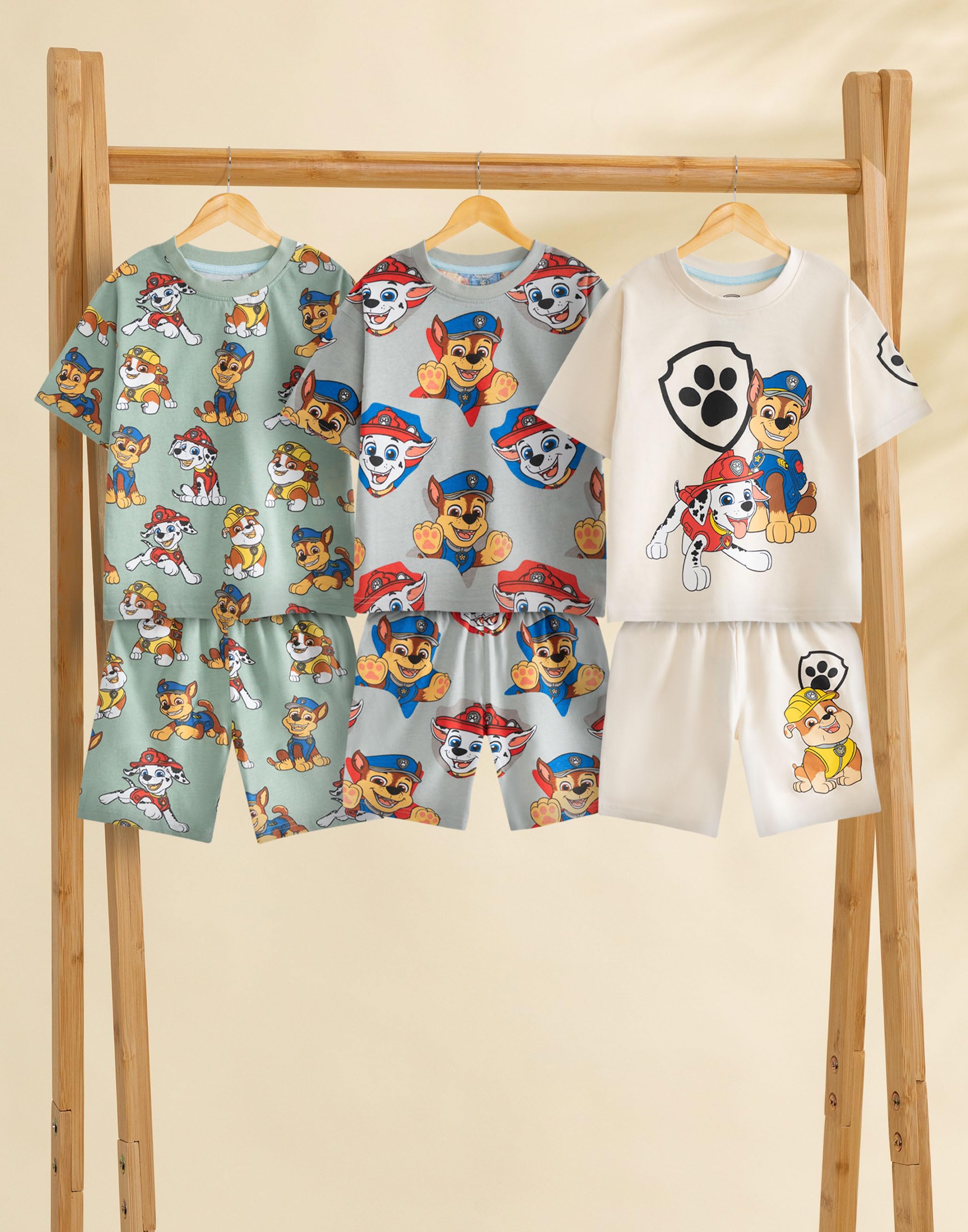 Paw Patrol Boys Ensemble de Pyjama Vert Clair, Gris et crème | Multi-Pack de 3 vêtements de Nuit à Manches Courtes et Jambes Courtes | Chase, Marshall, Skye & Rubble Vêtements de détente imprimés
