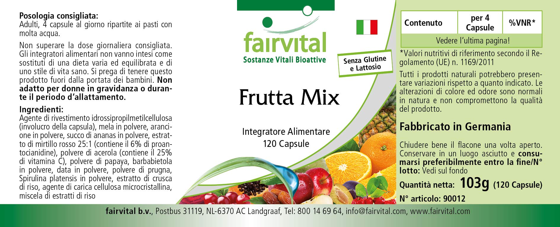 fairvital Mix di frutta, 120 capsule, ALTO DOSAGGIO, VEGANO, polvere multivitaminica naturale alla frutta, con estratto di mirtillo rosso, acerola, spirulina e molto altro