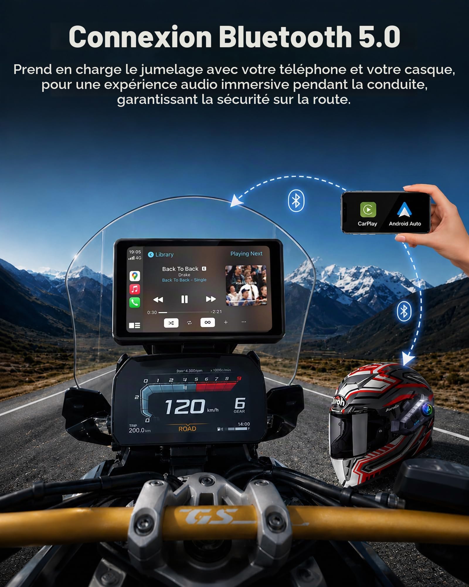 Jansite Carplay Moto avec Molette Wonder Wheel Native pour BMW Motorrad | 5'' Écran Tactile Étanche Tactile, CarPlay et Android Auto Sans Fil, Navigation GPS, Plug-and-Play