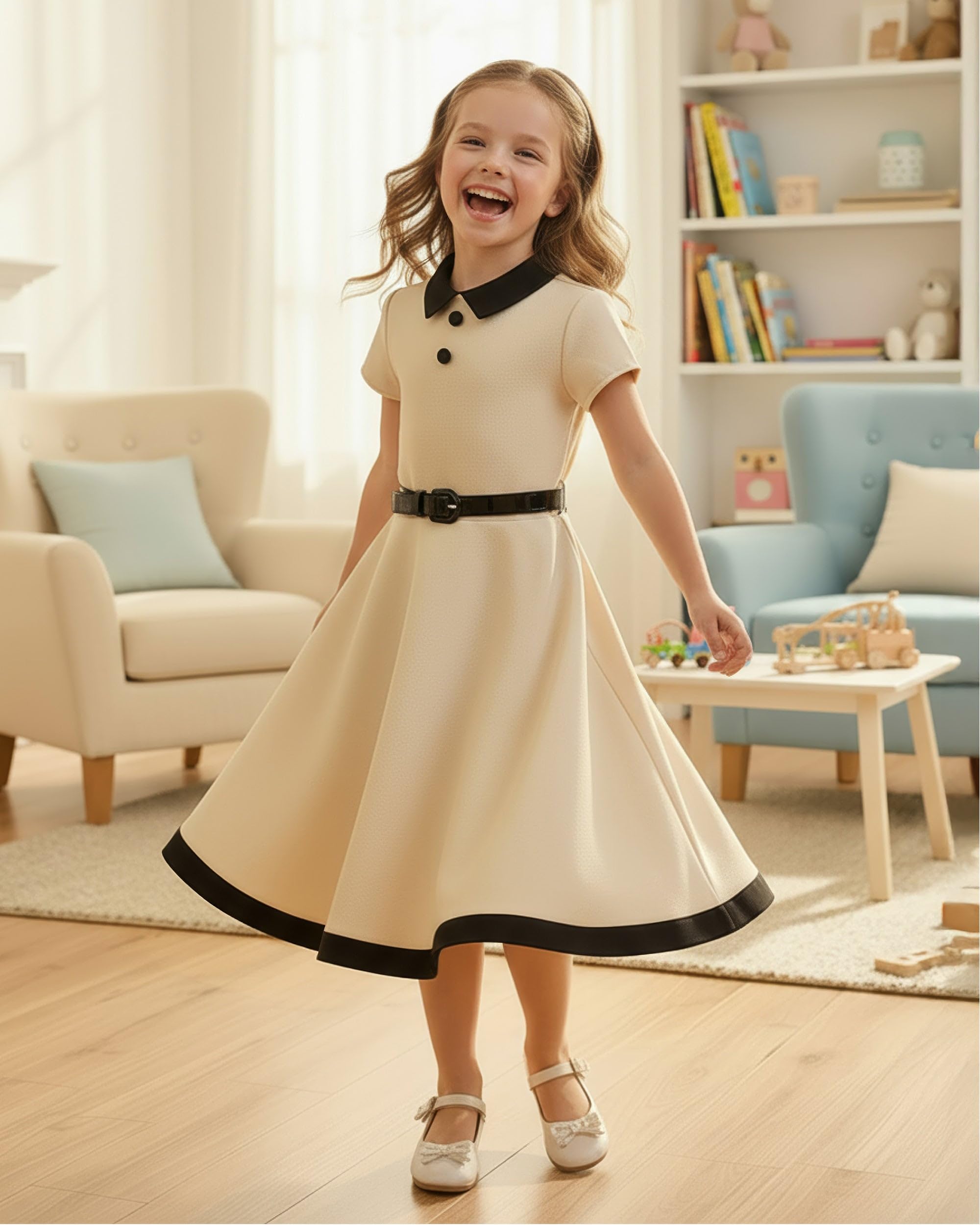 BlackButterfly Mädchen Kleid Lucy Kontrastkragen | Tellerrock, Kurze Ärmel, Kontrastsaum, Gefüttert, Reißverschluss Hinten, Glanzgürtel, Zweifarbig, 3-14 Jahre