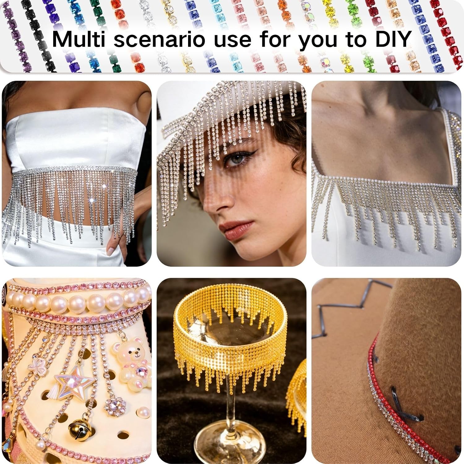Bijou Joon 10 Yards 2MM Black Crystal Rhinestone Chain Trim Rolls and Colors SS6 Bling Close Embellishments for Crafts Crocs Shoes