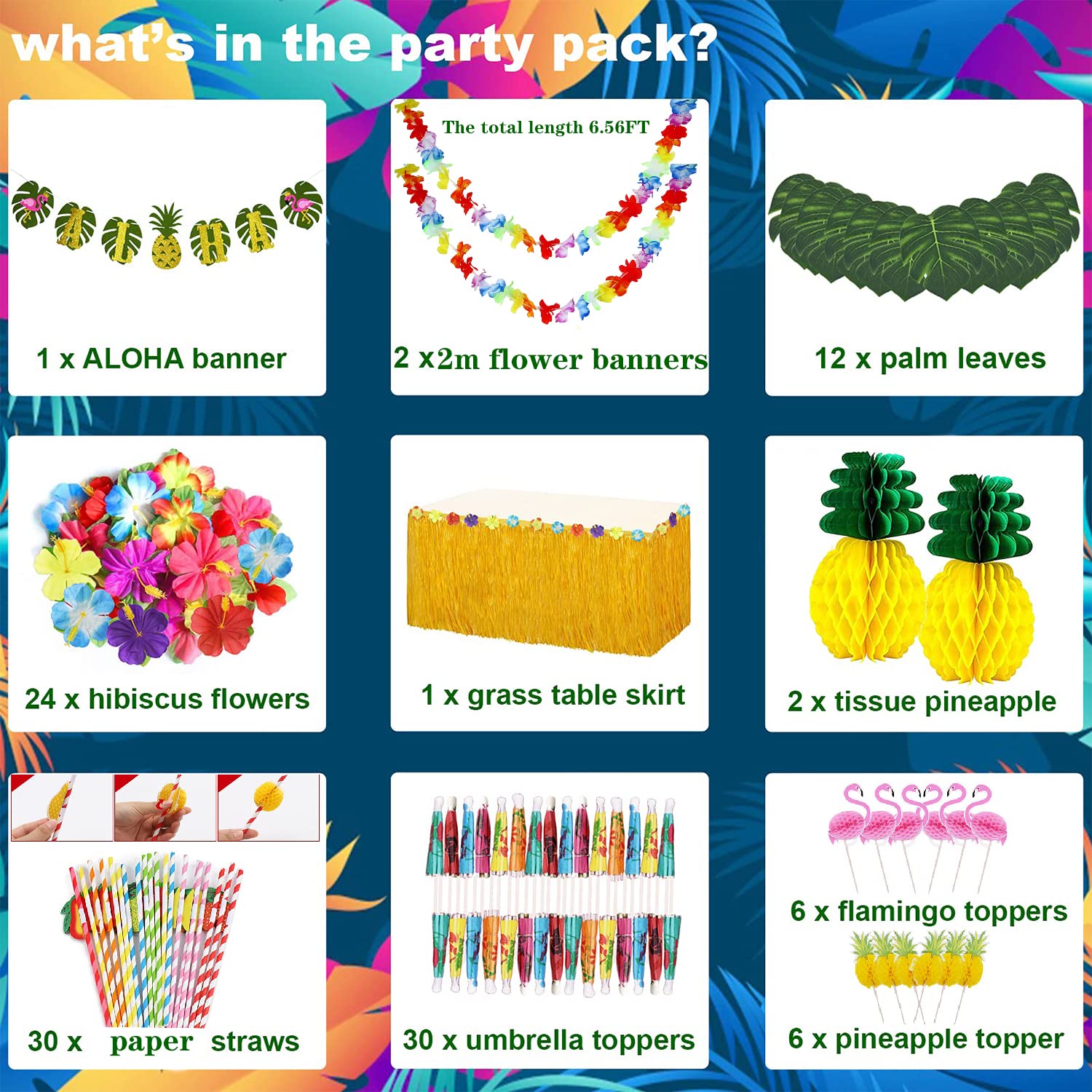Hawaii Party Dekoration Set,114 Stück Luau Grass Tischrock Palmblätter, Hawaiian Blumen,Aloha Banner,ObstStroh,Mehrfarbige Regenschirme für BBQ Garden Sommer Tiki Tropischen Beach Deko