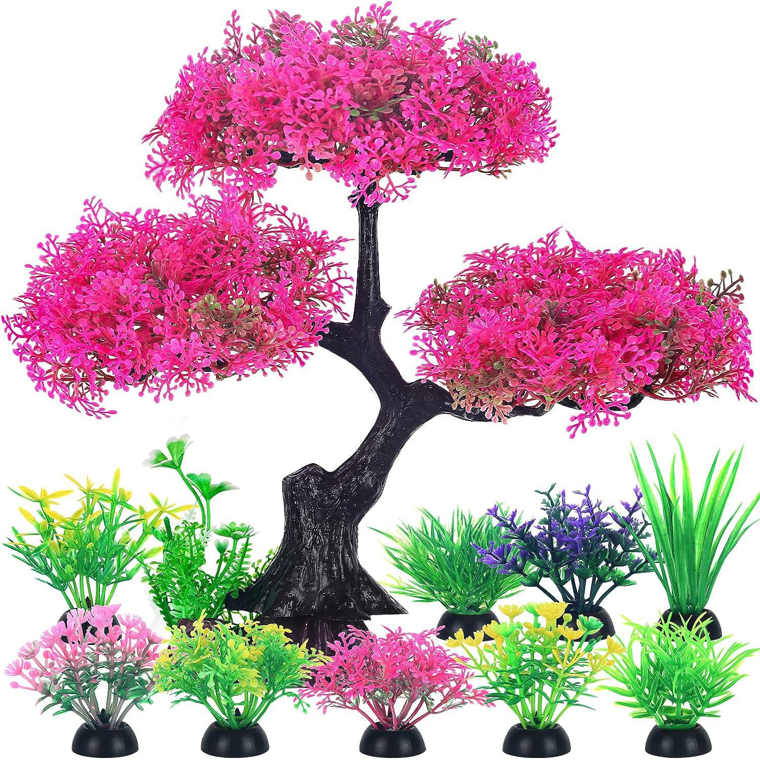 NeoStyle Aquarium Artificial Plastic Plants Decoration, Pink Cherry Blossom Tree and Grass, Fish Tank Decor Tree Set, Aquarium Fish Tank Decorations Accessories (Pink（Cherry Blossom Tree-10pcs))