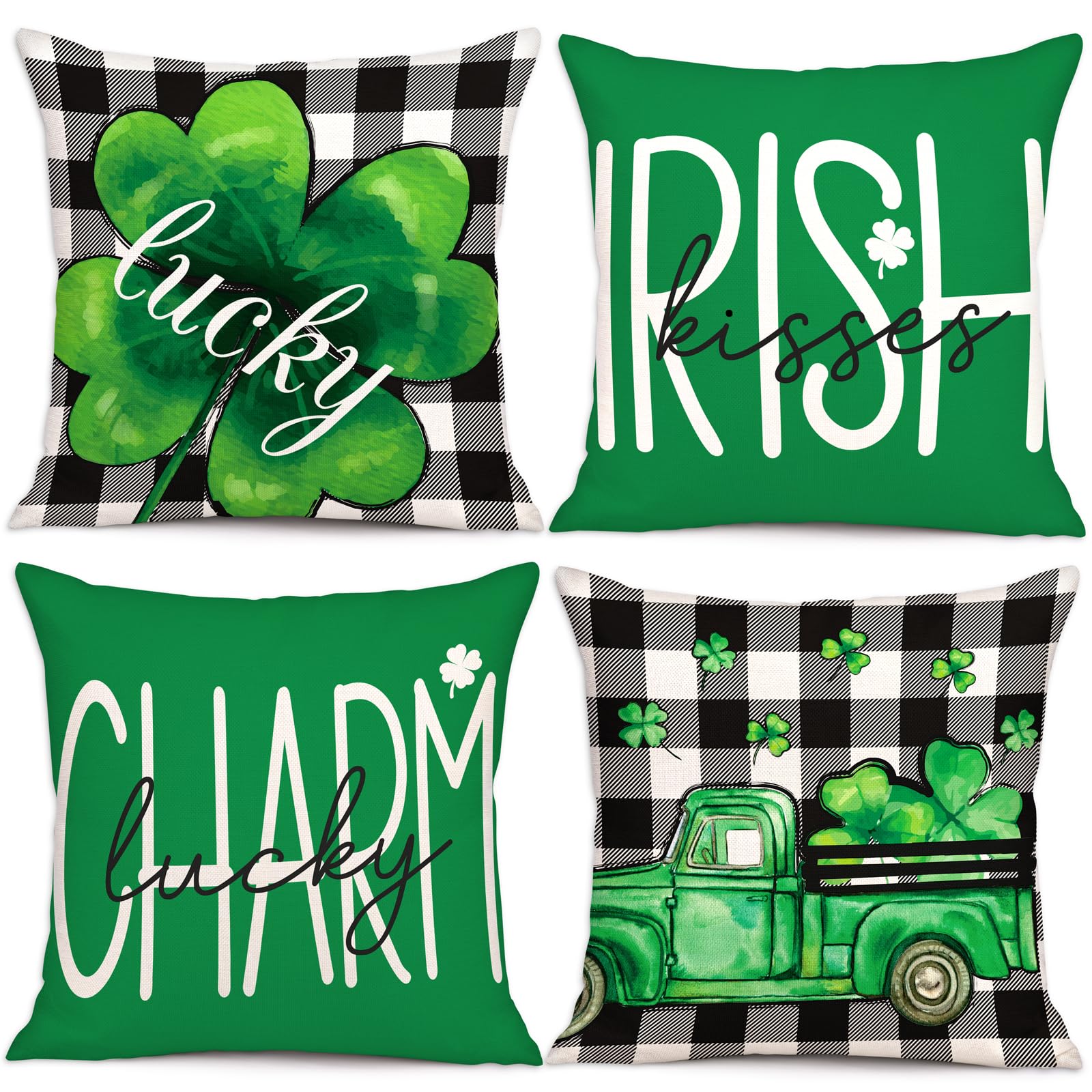 Geefuun St Patricks Day Checked Pillow Covers 18x18 Decorations Indoor Home Decor Set of 4 - Shamrock/St Pattys/Saint Patricks Bedroom Decorative Pillowcase for Couch, Bed?No Fillers?