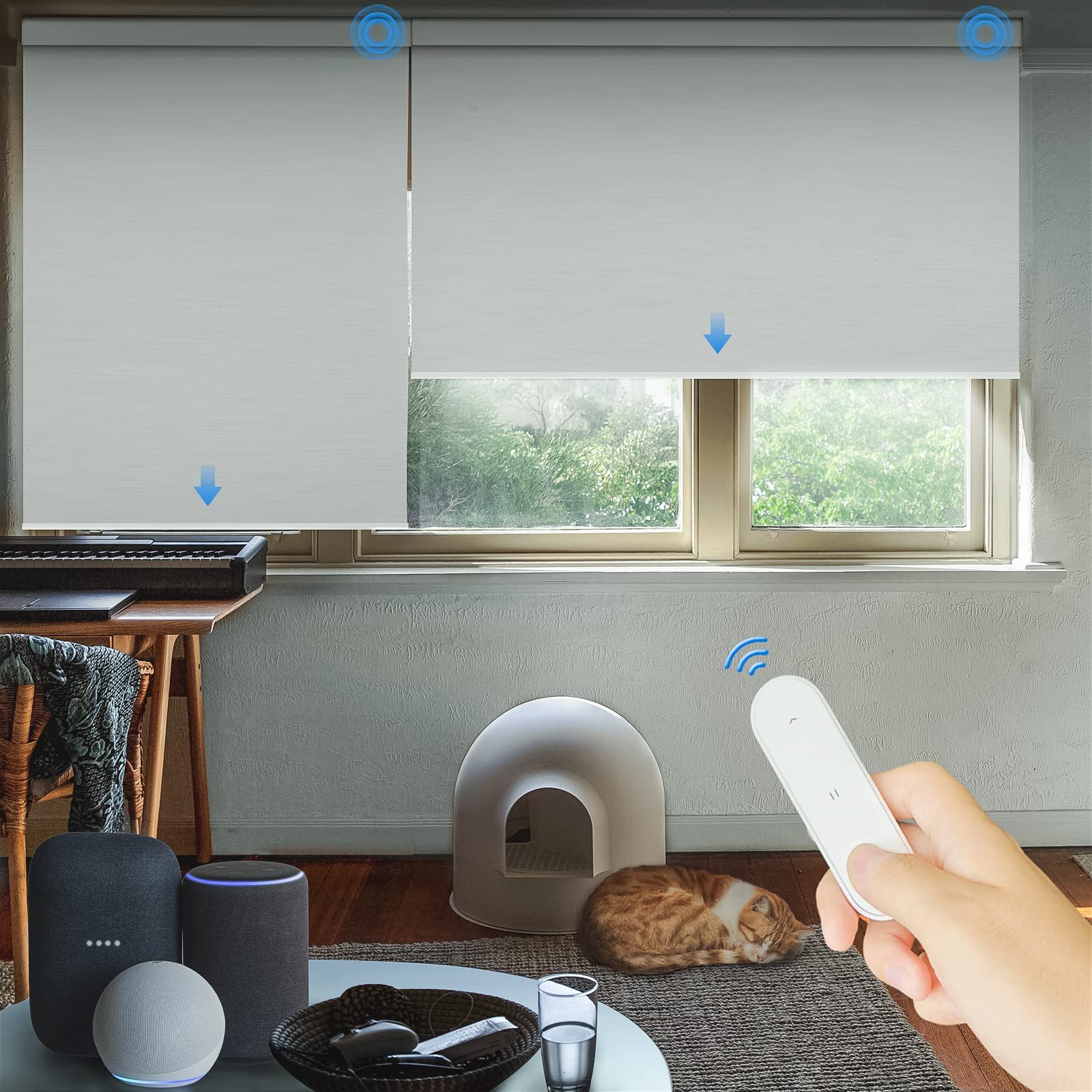 MANSNIX Motorized Blinds with Valance Remote Control Upgraded Smart Blackout Roller Shades Electric Automatic Window Blinds for Windows Blinds & Shade.(White,34" Wx72 H)