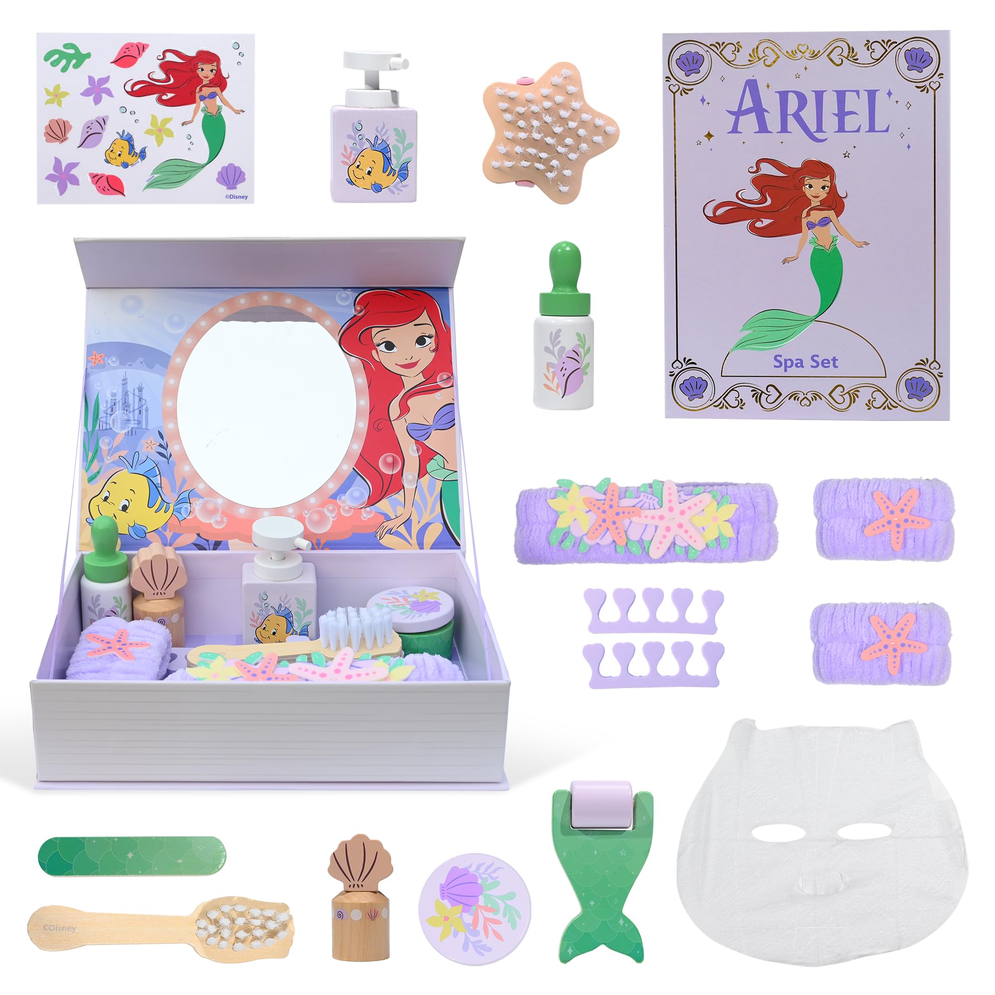 Disney Princess Ariel Wooden Spa Set for Kids, 18 Piece Pretend Beauty Playset with Mirror Book Box