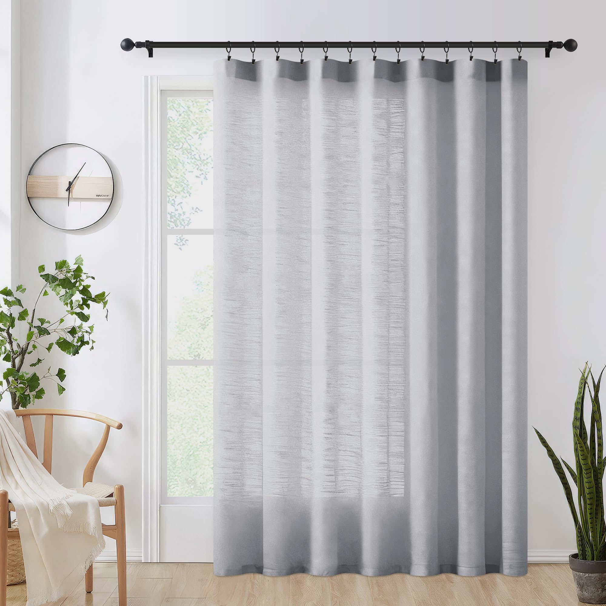 FMFUNCTEX Grey Sheer Curtains for Bedroom 96 inches Long Sliding Door Curtains Extra Wide Windows White Room Divider Linen Textured Curtain Panels for
