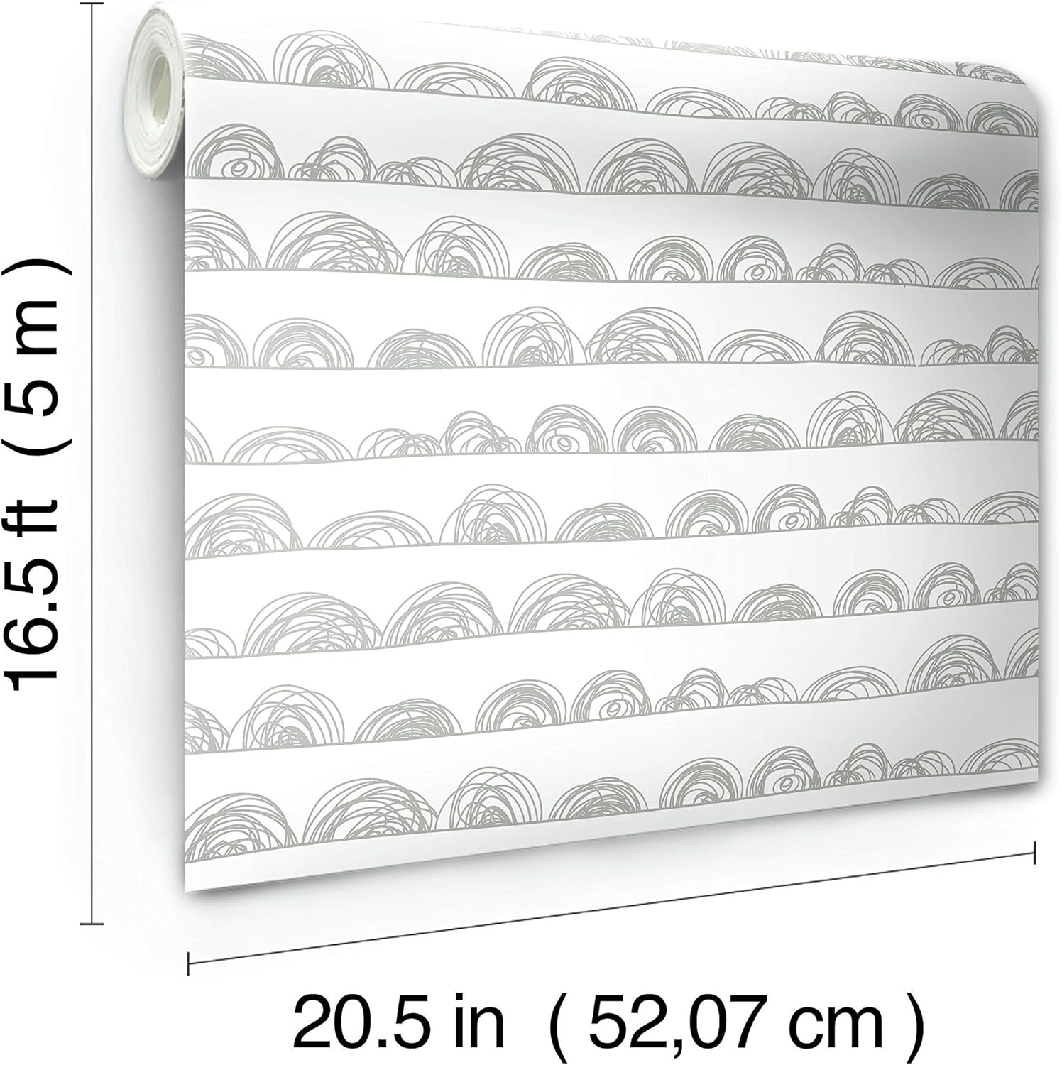 Gray and White Doodle Scallop Peel and Stick Wallpaper Roll