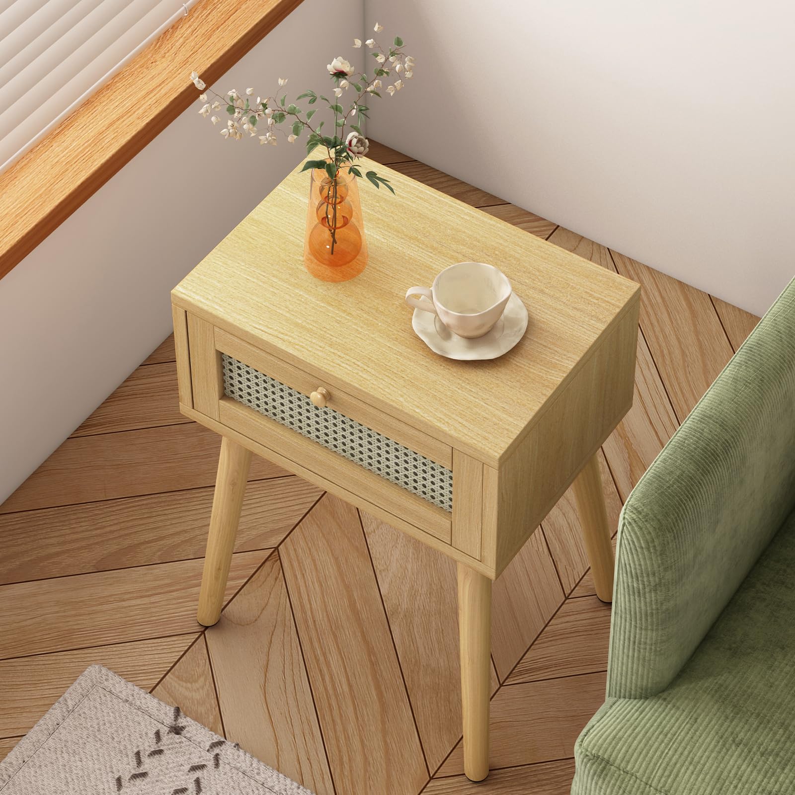 Fixwal Nightstand Set of 2, Small Mid-Century End Table with Rattan Door, Rattan-Like Bedside Table with Storage Space, Boho Side Table for Bedroom, Living Room, Natural