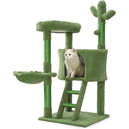 Mile High Life | Cat Tree Tower 43" for Indoor Cats | Cat Condo with Hammock and Cactus Scratching Posts Tree for Kittens | Tall Cat Climbing Stand with Cute Hanging Ball & Toys for Play House