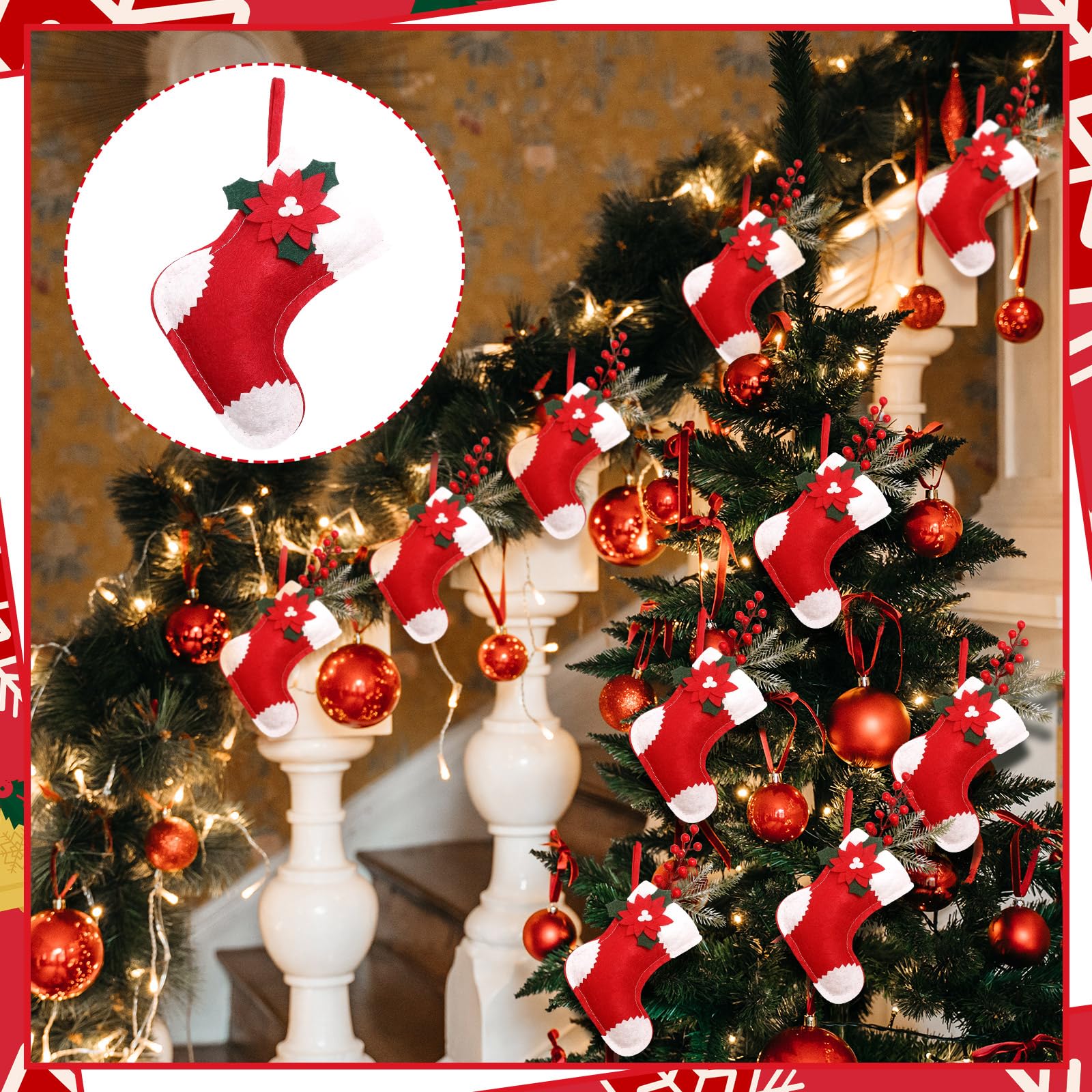 Geyoga Lot de 48 mini chaussettes de Noël en forme de poinsettia à suspendre pour cheminée, sapin de Noël rouge et blanc - 12,7 cm