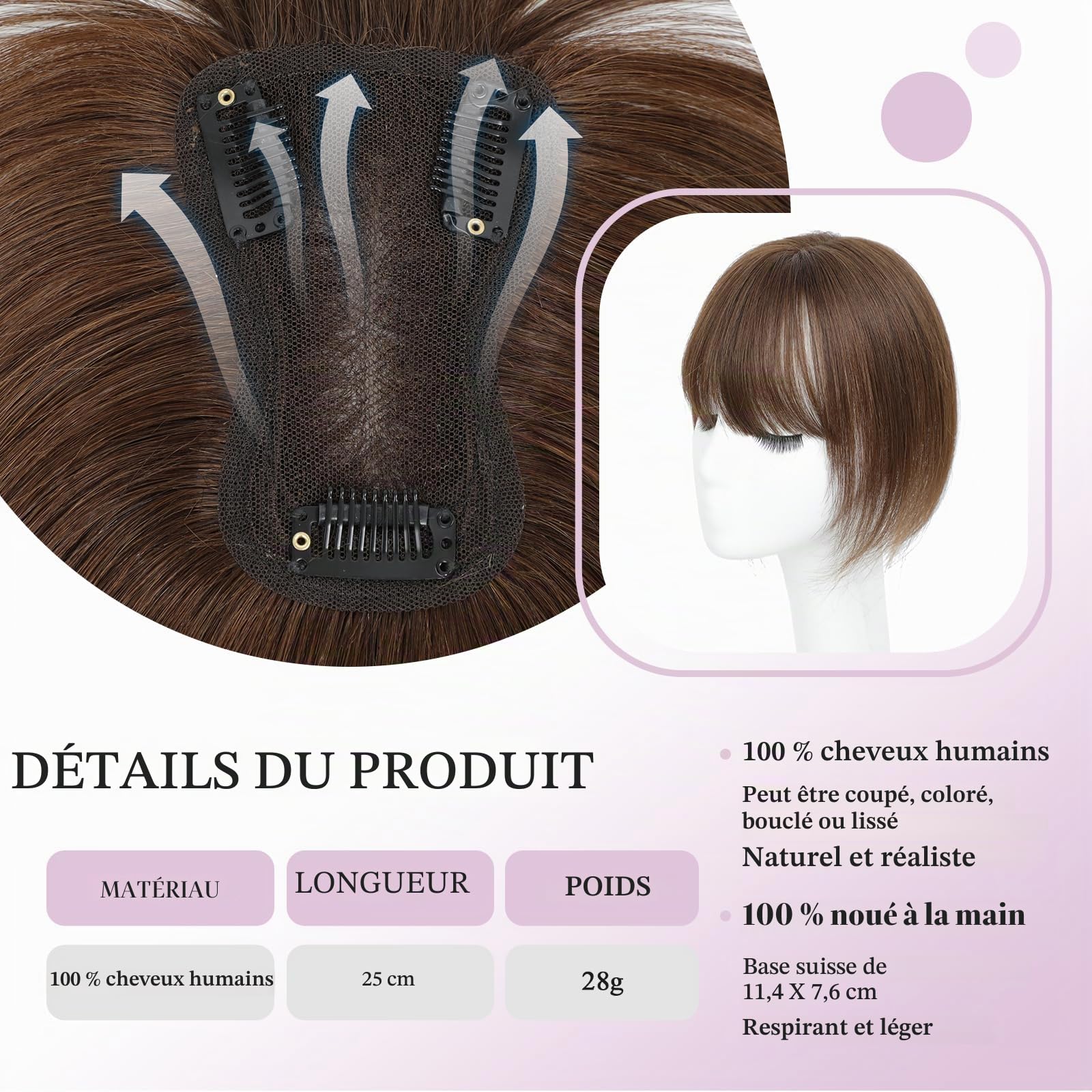 Extensions de cheveux naturels pour femmes avec frange Mèche capillaire en cheveux humins cousue à la main pour cheveux clairsemés (Châtain Moyen)