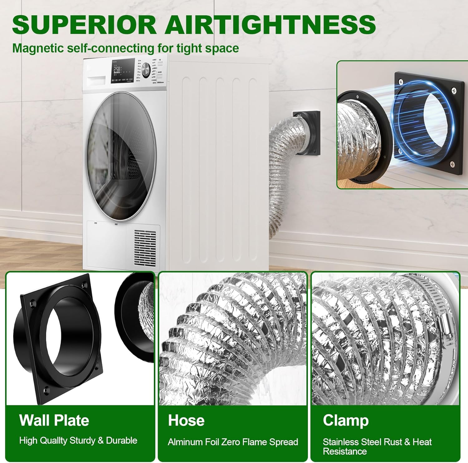 Magnetic Dryer Vent Coupling Connector Kit, Quick Connection and Disconnection Strong Magnet Self-Aligning Airtight Seal Dryer Vent Hose for Tight Space Included a 2.6ft 4" Duct & 2 Clamps (Black)