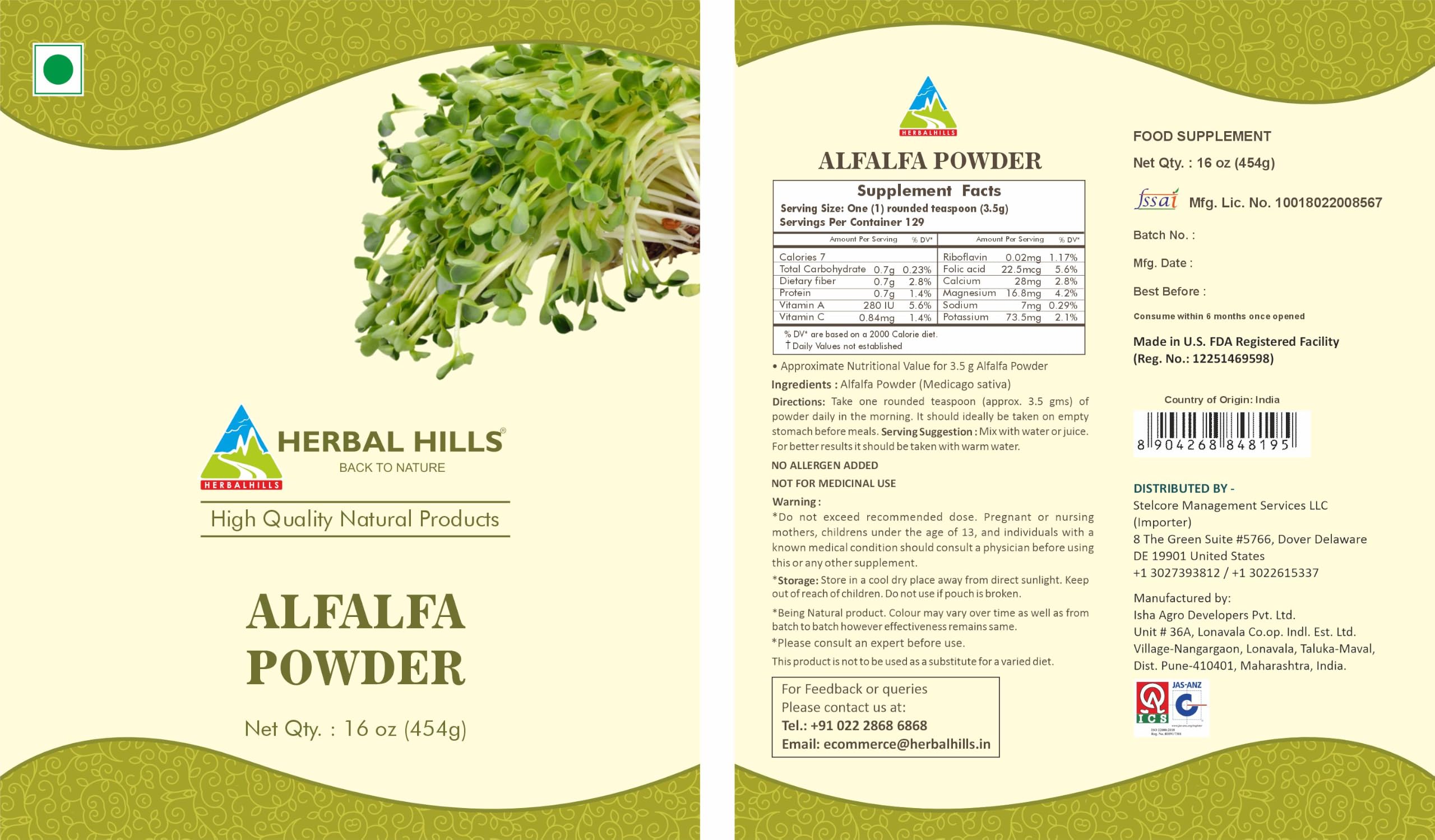 HERBAL HILLS Alfalfa Leaf Powder 16 Oz (454 g) | Medicago Sativa Green Superfood | Herbal Supplement — Amazon image 3