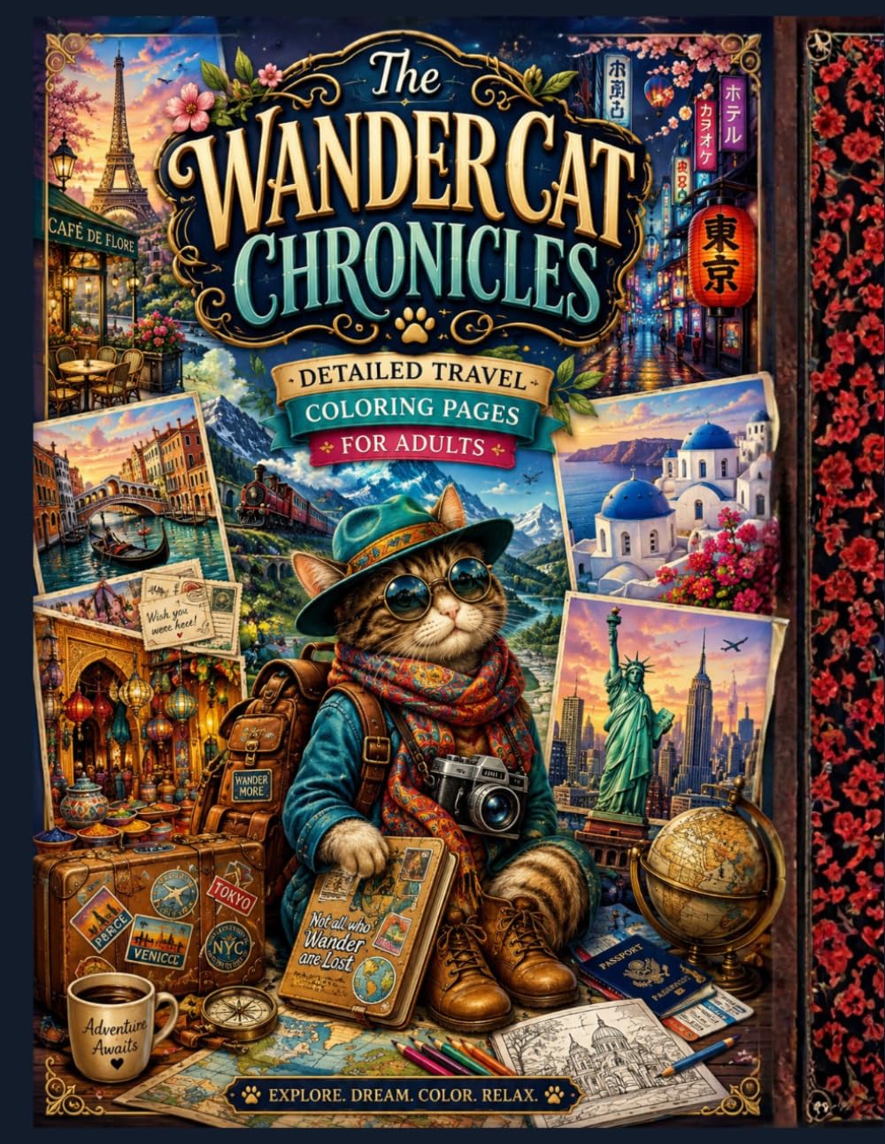 The Wander Cat Chronicles: Detailed Travel Coloring Pages for Adults