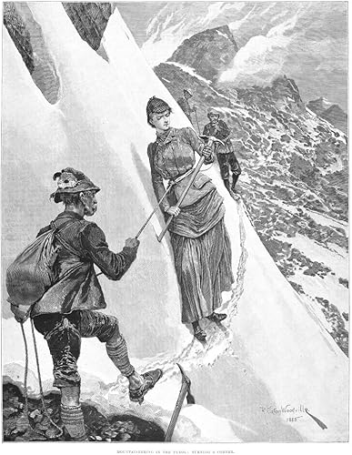 Woman Mountaineer 1885 Na Female Mountain Climber In The Tyrolian Alps Line - Póster grabado tras Richard Caton Woodville From An English Newspaper Woman Mountaineer 1885 Na Female Mountain Climber In The Tyrolian Alps Line - Póster grabado tras Richard Caton Woodville From An English Newspaper