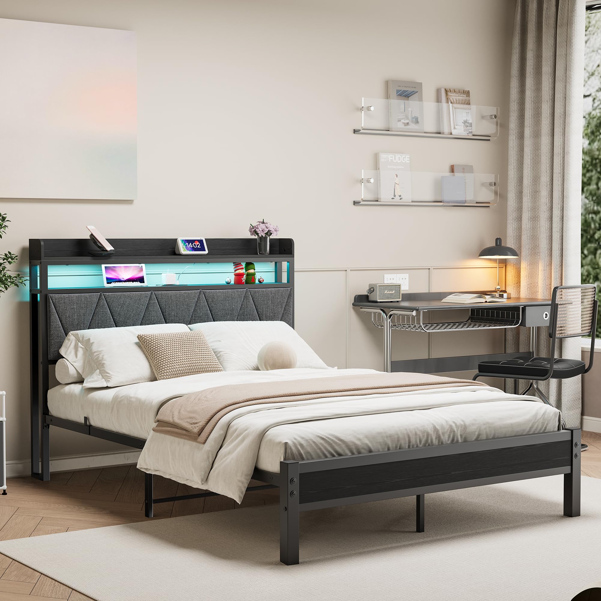 Telaio letto da 120 x 200 cm con testiera imbottita in legno con due ripiani, stazione di ricarica, luci a LED, telaio in metallo robusto, non è necessaria alcuna rete imbottita