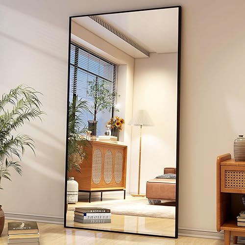 Easly Espejo de longitud completa con soporte, de 34 x 76 pulgadas, espejo de cuerpo completo, espejo de pie, colgante o inclinado, espejo de pared