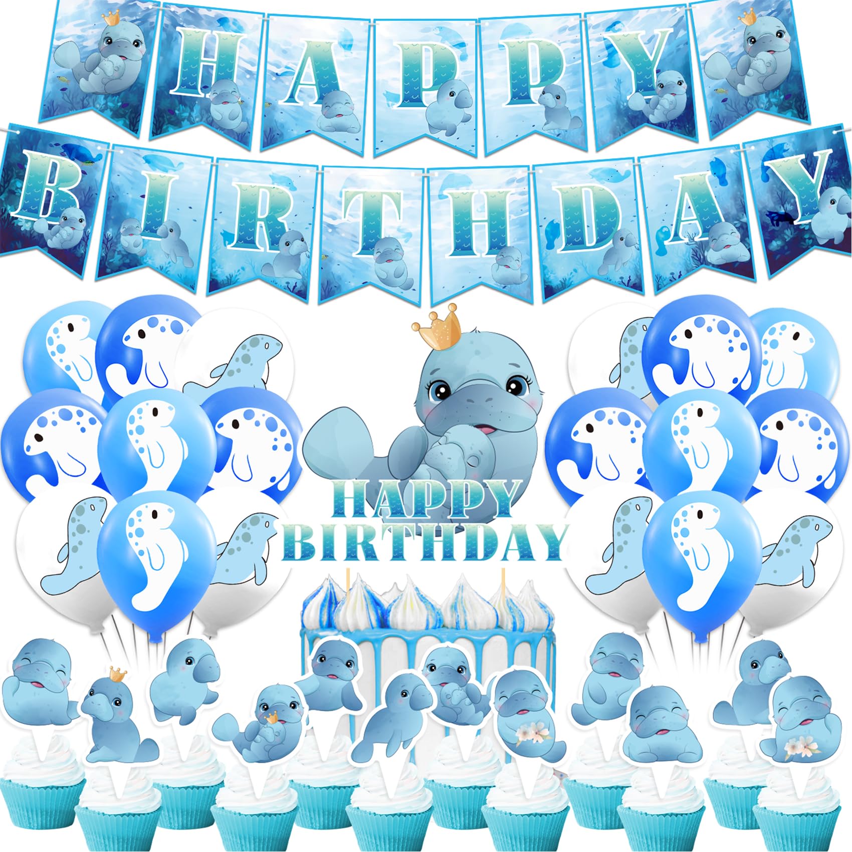Manatee Party Decorations - Animal Birthday Supplies with Banner, Cake Topper, Cupcake Toppers, Balloons