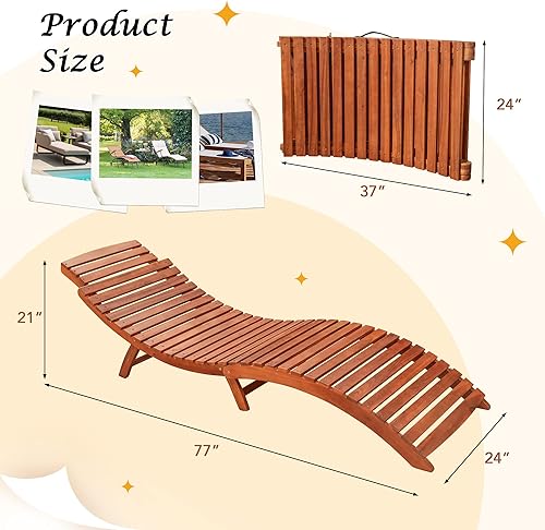 Miniatura 3 de Flamaker Sillas de descanso para exteriores, tumbona plegable de madera de acacia con mango lateral, tumbona para piscina, césped, patio trasero