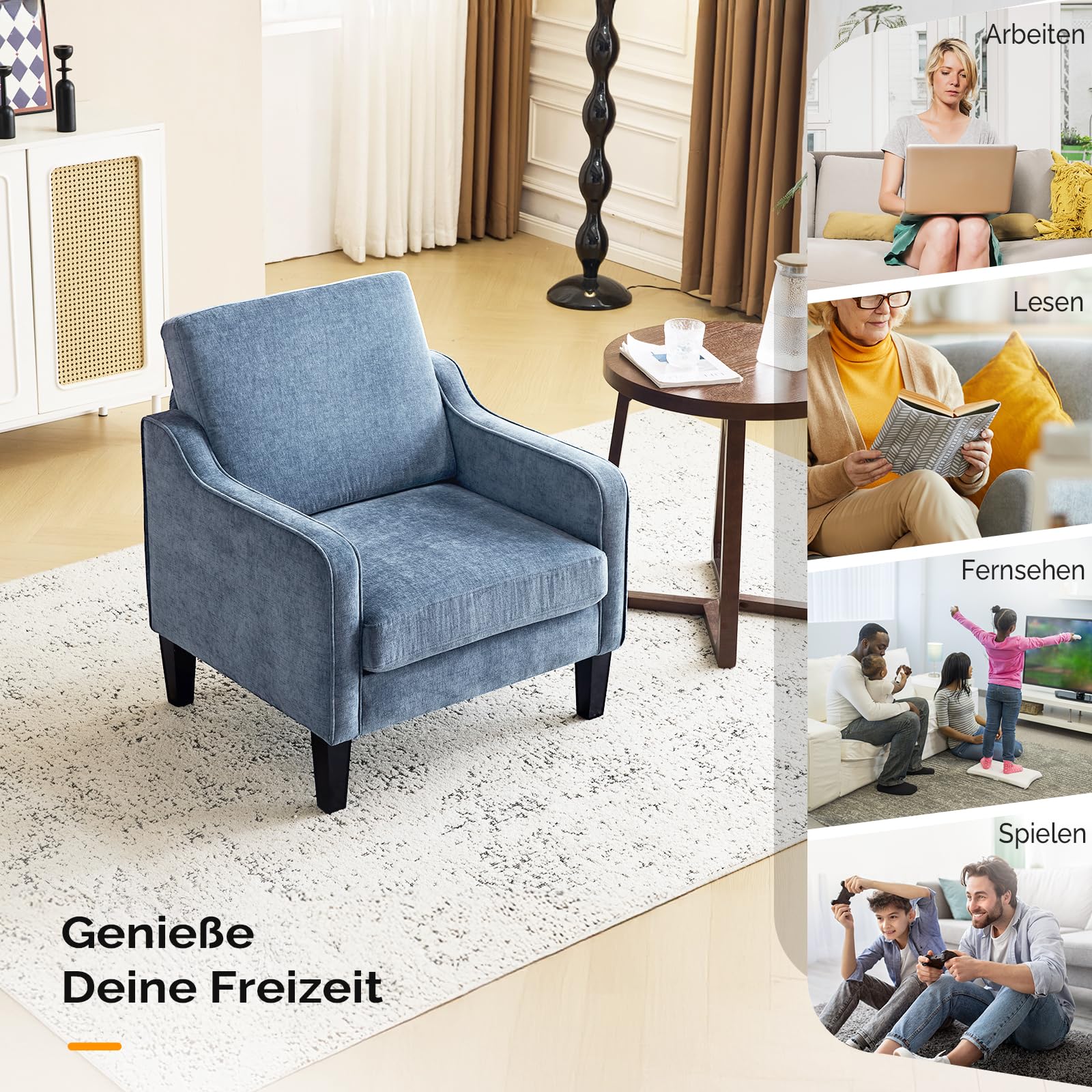 Bonnlo Sessel, Loungesessel aus Chenille, Polstersessel mit Armlehnen und Holzbeinen, Ohrensessel für Wohnzimmer,Schlafzimmer,Relaxsessel Fernsehsessel 76 x 78 x 84 cm,Komfort (2, blau)