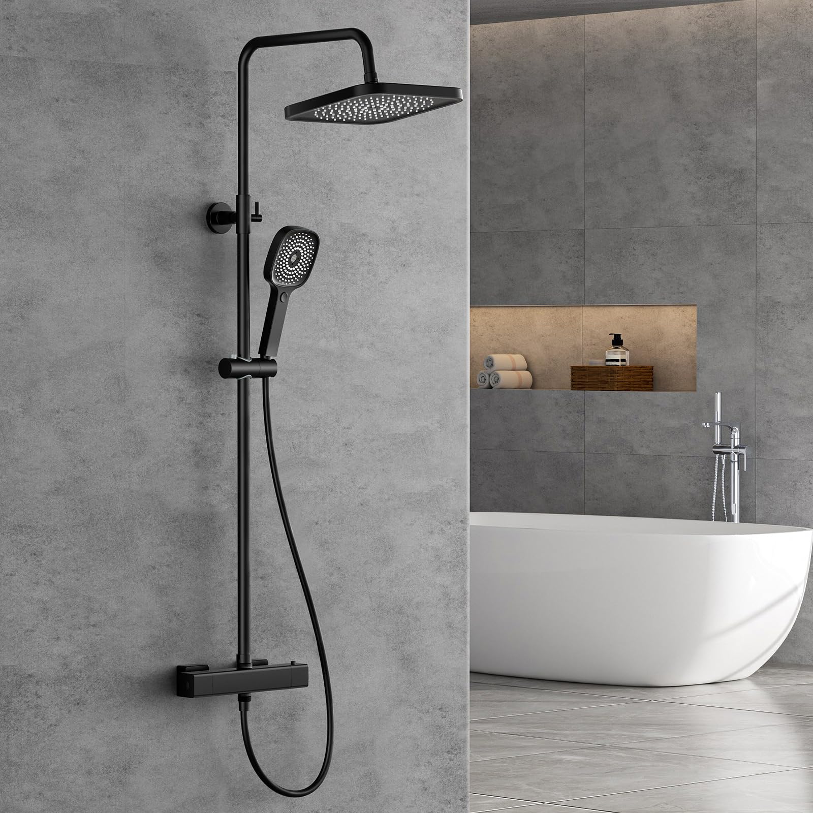 FORIOUS Duschsystem mit Thermostat,Edelstahl Duscharmatur Komplettset mit 25 cm Quadratisch-Overhead Regendusche,90-125cm Höhenverstellbare Duschstange, 3 Strahlarten ABS Handbrause Schwarz