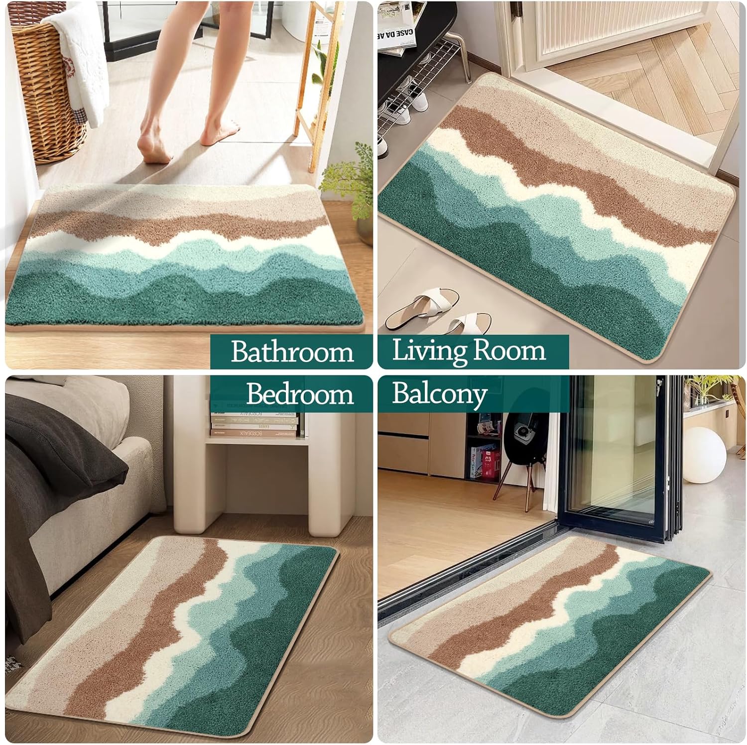 32 x 20 Inch Beach Microfiber Bathroom Rug, Absorbent Soft Shaggy Toilet Rug Floor Mats for Beach Bathroom Decor, Non Slip Green Beach Bath Mat for Bedroom Kitchen, Machine Washable