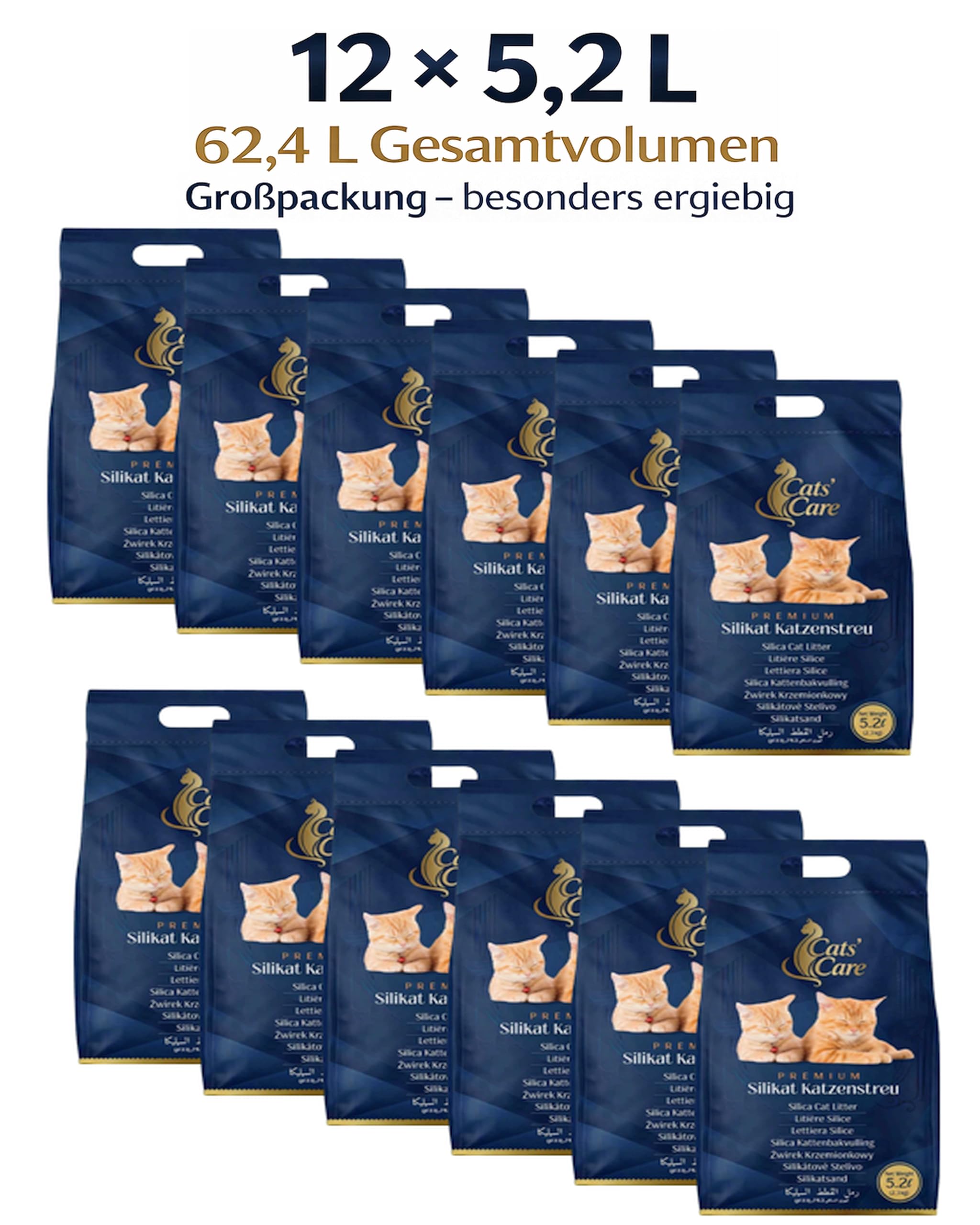 12 × 5,2 L Cats' Care Premium Silikat Katzenstreu, 12er Großpackung, Gesamtvolumen 62,4 L