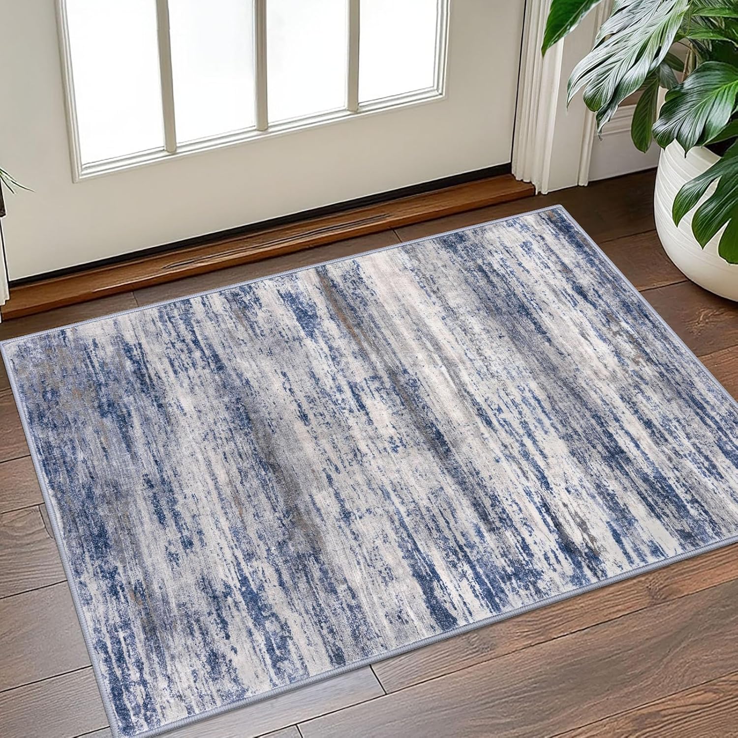 KOZYFLY Modern Abstract Rugs for Entryway 2x3, Washable Kitchen Rug Non-Slip Soft Small Area Rug, Grey-Blue Striped Throw Rugs Faux Wool Doormat for Bedside Entrance Bathroom Sink - Image 8
