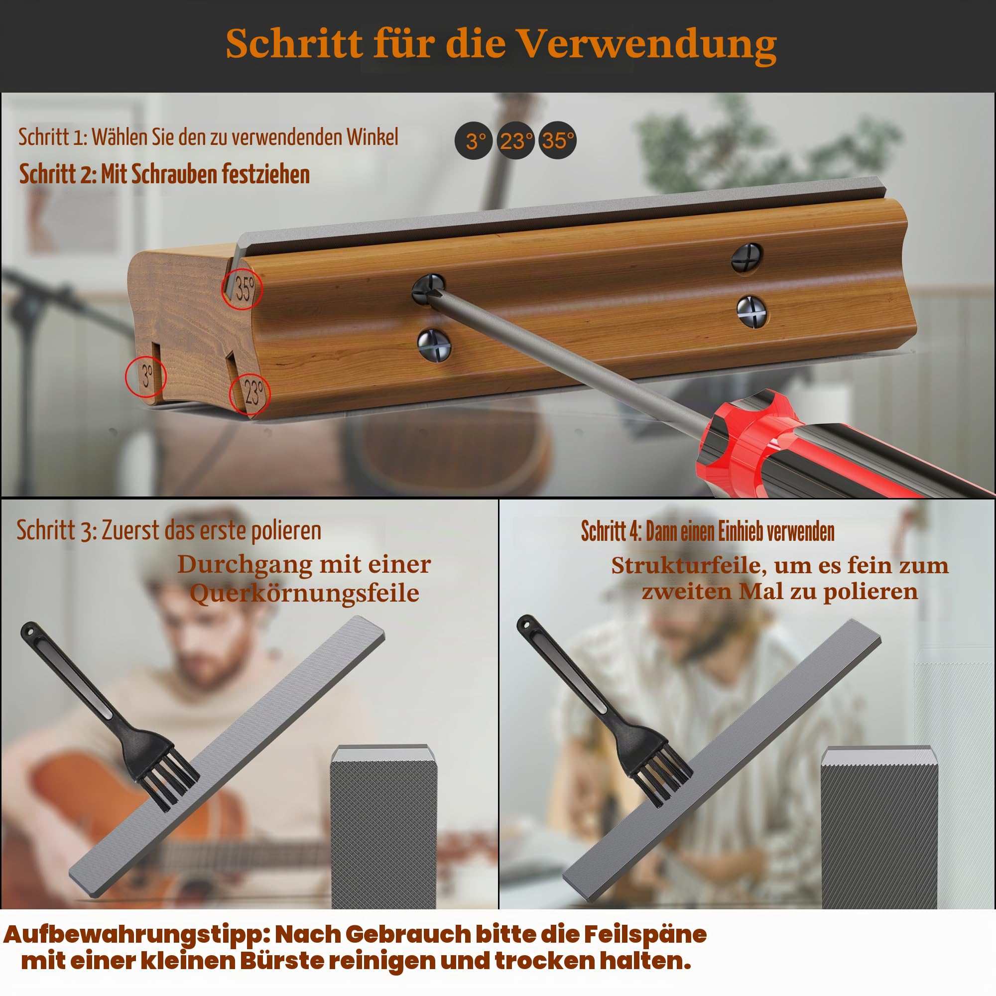 3/23/35 Grad Bundend-Feile, 3-in-1-Bundfeile, für Gitarre, Bass, Bundendverband, Gitarren-Bundkrönung, Endbearbeitung, Schrägfeile zum Abrunden, Formen und Entgraten von Bundsprossen
