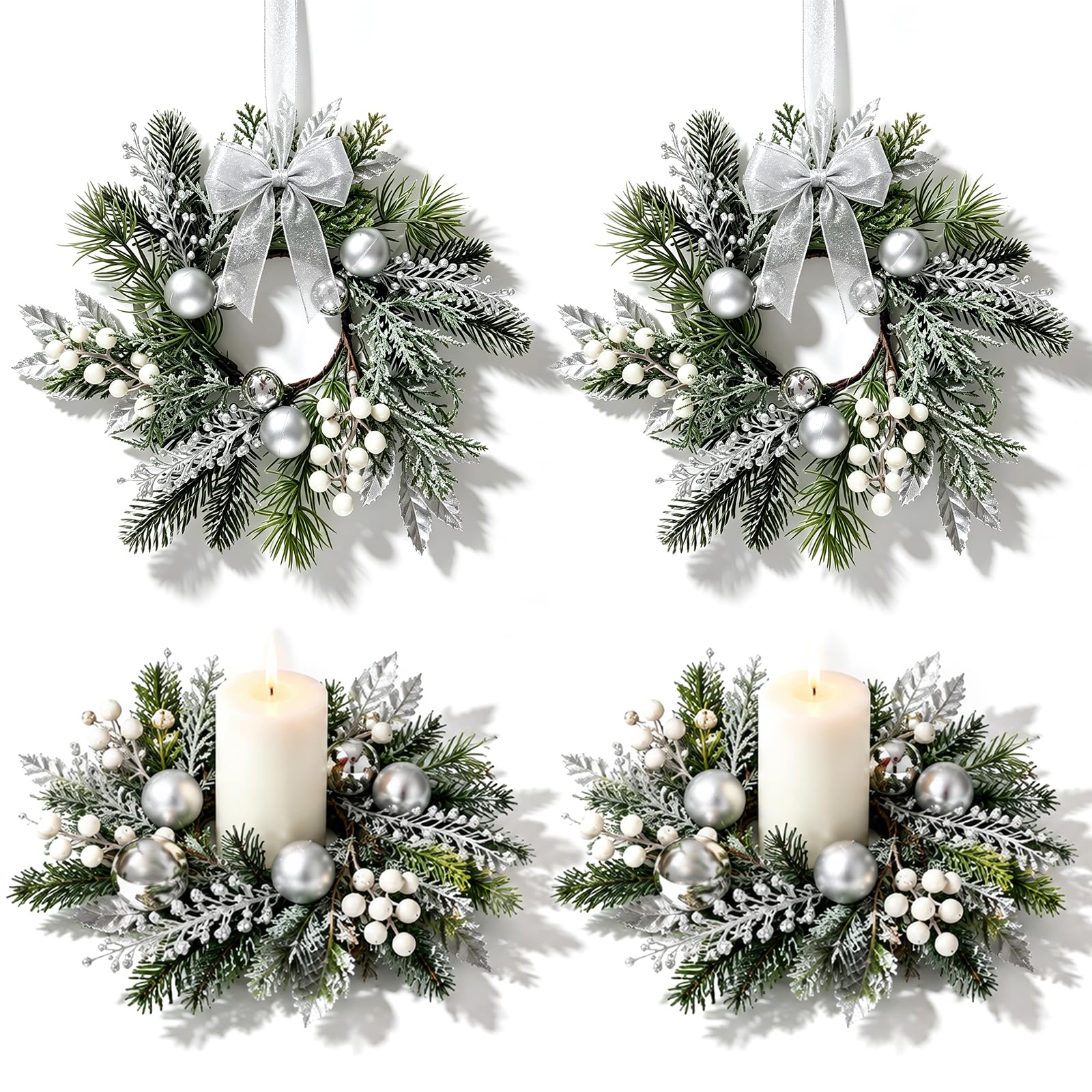 4 PCS Christmas Pine Candle Rings Wreaths Mini Silver Candle Holder Rings
