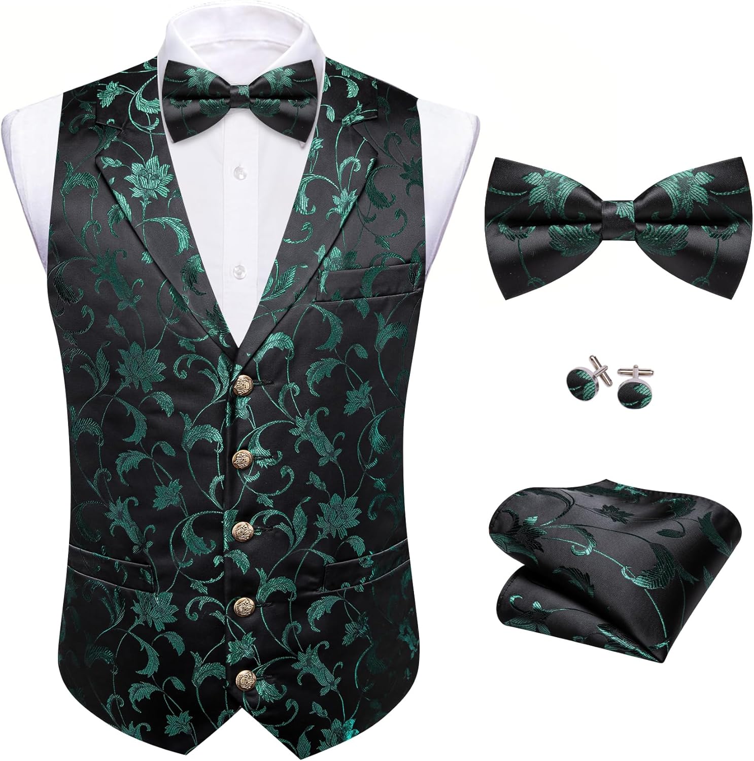Barry.Wang Mens Silk Vest Bowtie Sleeve Holder Set Lapel Collar Formal Bow Tie Vests Handkerchief Wedding Party Waistcoat - Image 4