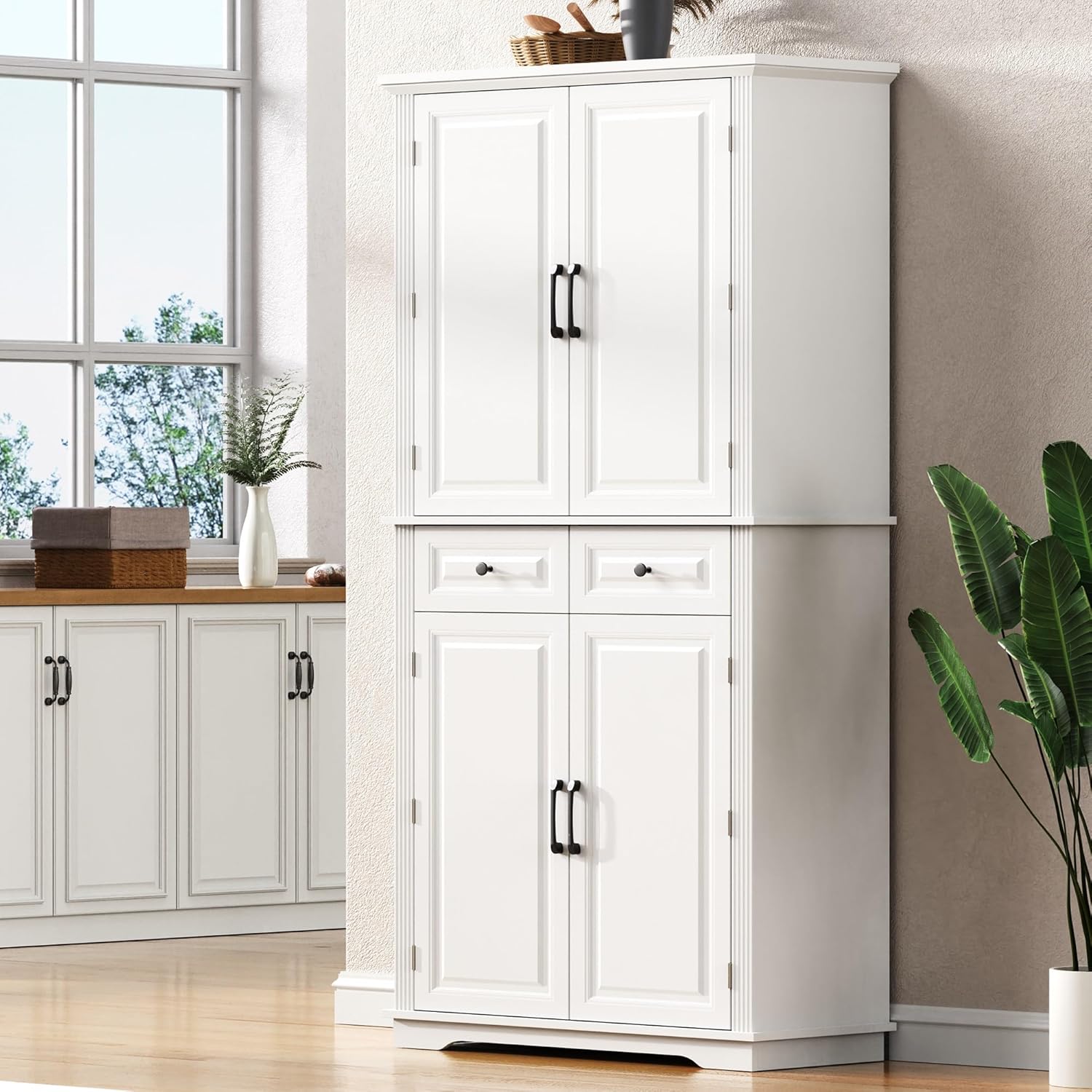 71" Tall Kitchen Pantry Cabinet with 3 Pull Out Organizers, Farmhouse Storage Cabinet with 6 Door Shelves,2 Drawers,Freestanding Cupboard for Kitchen Dining Room (White-@01)