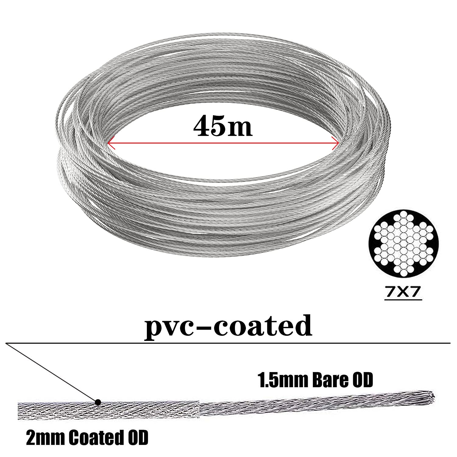 Ruesious 45m PVC Coated Stainless steel wire rope/wire trellis kit