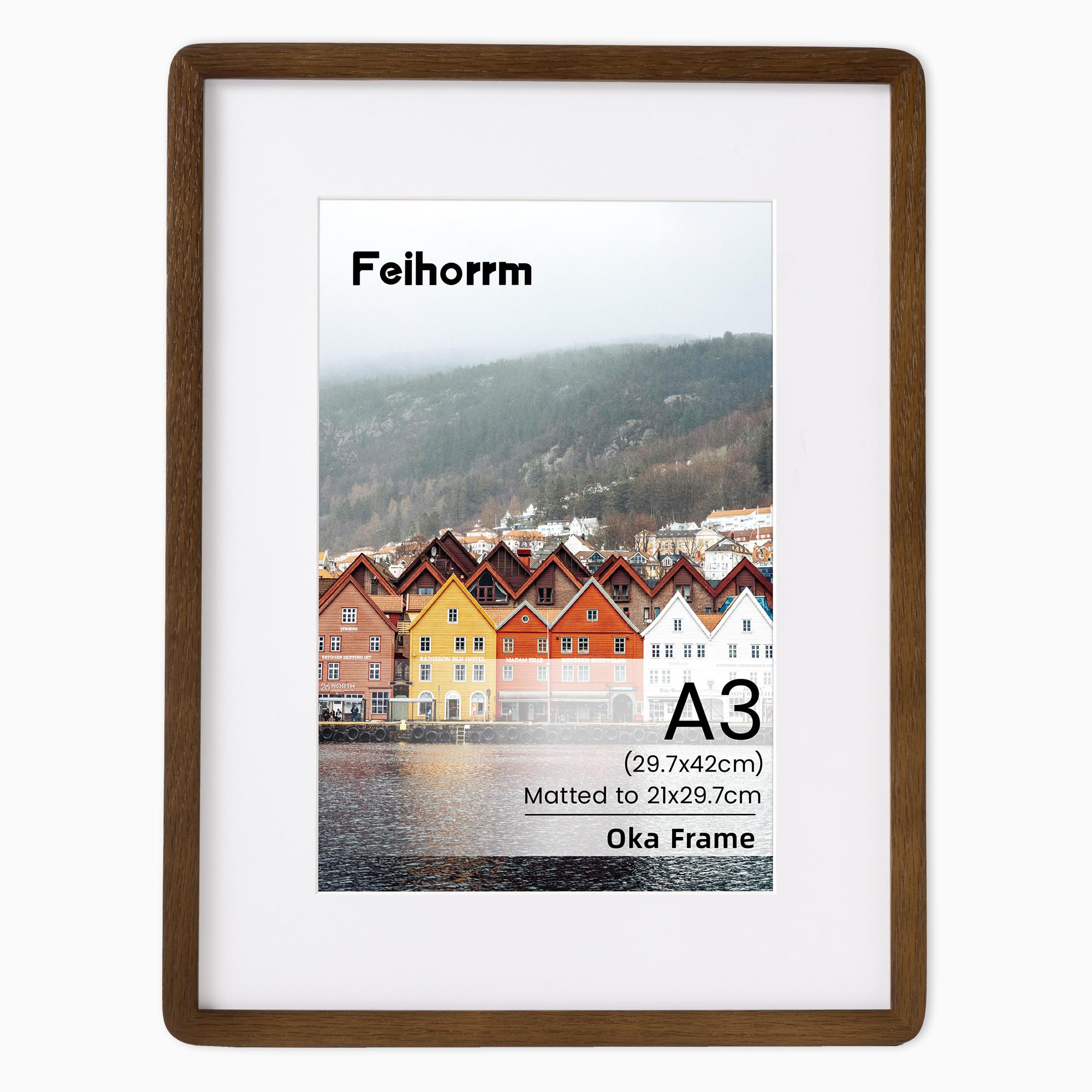 A3 Picture Frame, A3 Poster Documents Frame Walnut Wood Photo Frame with HD Tempered Glass, Handcrafted A3(29.7x42 CM) Frame Matted to A4(21x29.7 CM) Photo Frame, Horizontal Vertical Wall Mounting