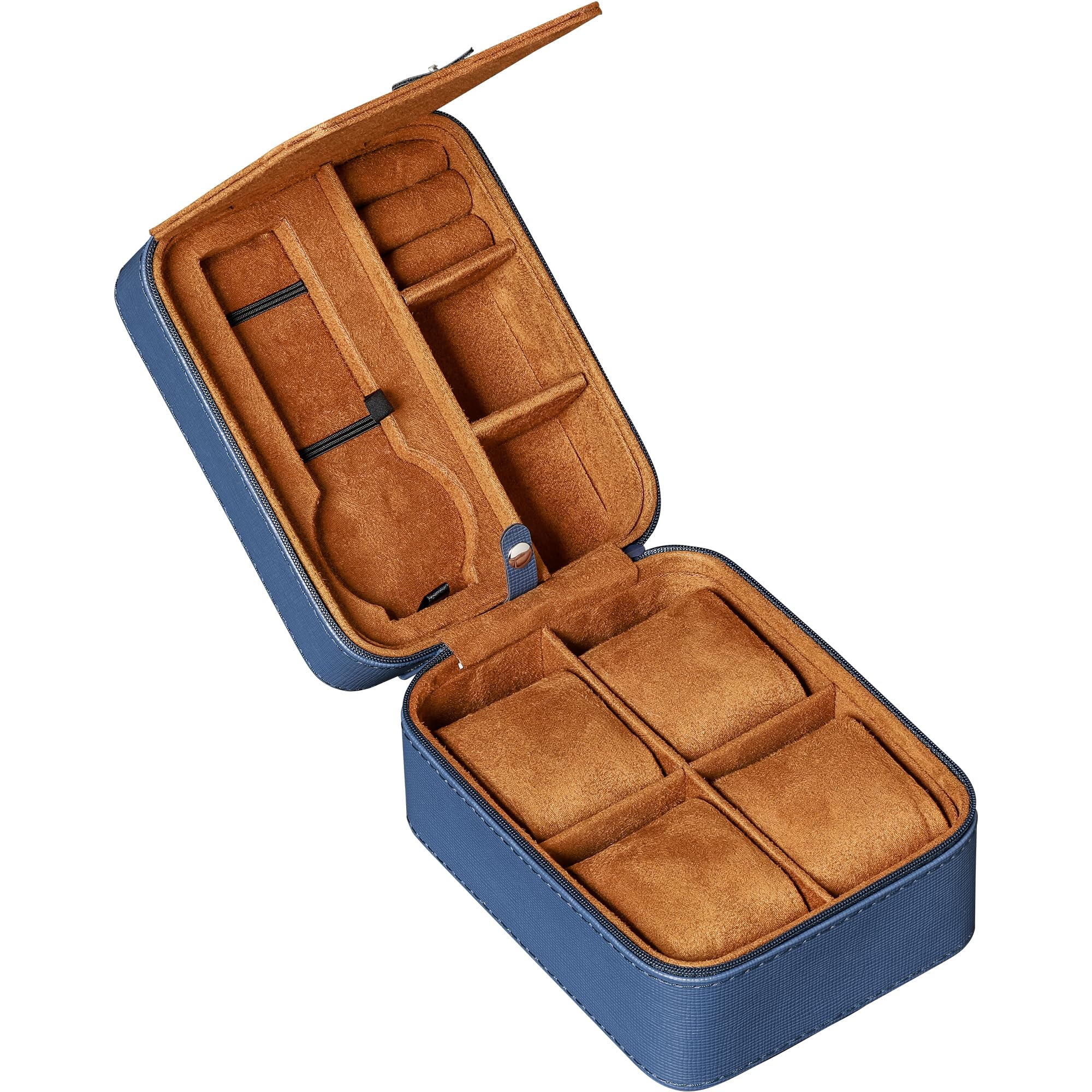 ROTHWELL 5 Watch Travel Case Storage Organizer for 5 Watches | Tough Portable Protection w/Zipper Fits All Wristwatches & Smart Watches Up to 50mm (Blue/Tan)