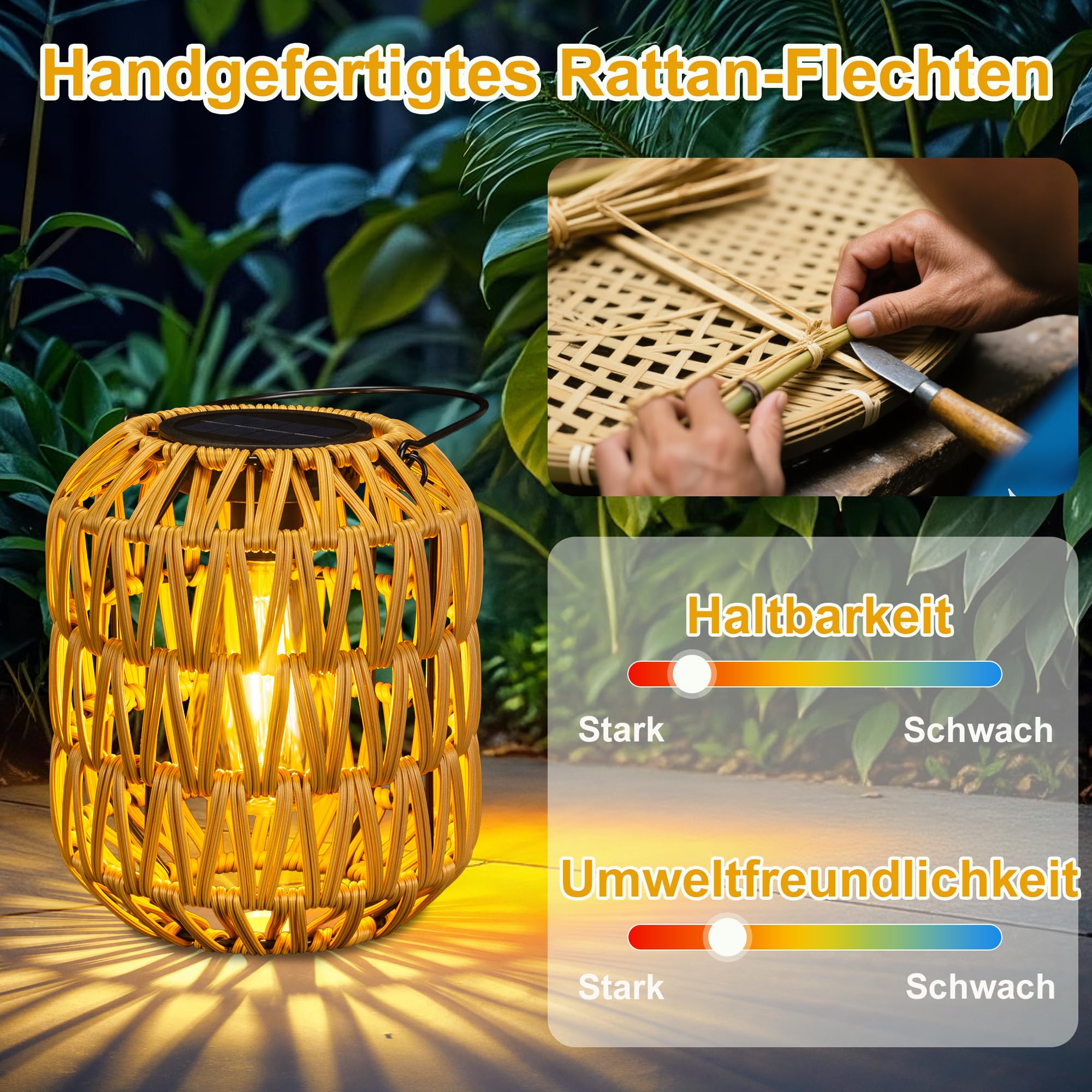 Lanterna solare per esterni, confezione da 2 lanterne a energia solare boho per esterni, resistenti alle intemperie, in rattan per esterni e giardini, giardini, cortili, balconi, decorazioni