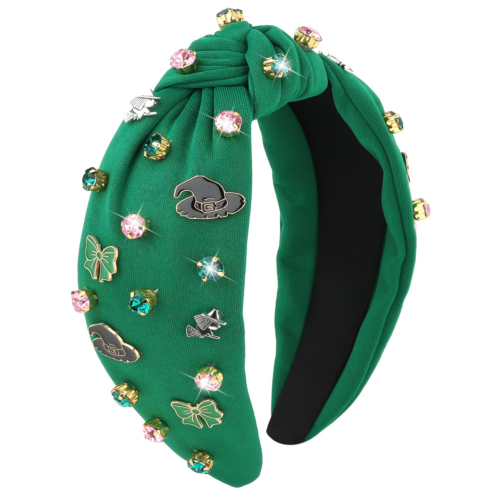YARIEW Witch Headbands for Women Green Knotted Headband with Hat Bow Witch Theme Birthday Party Decorations Rhinestone Twisted Knot Costume Photo