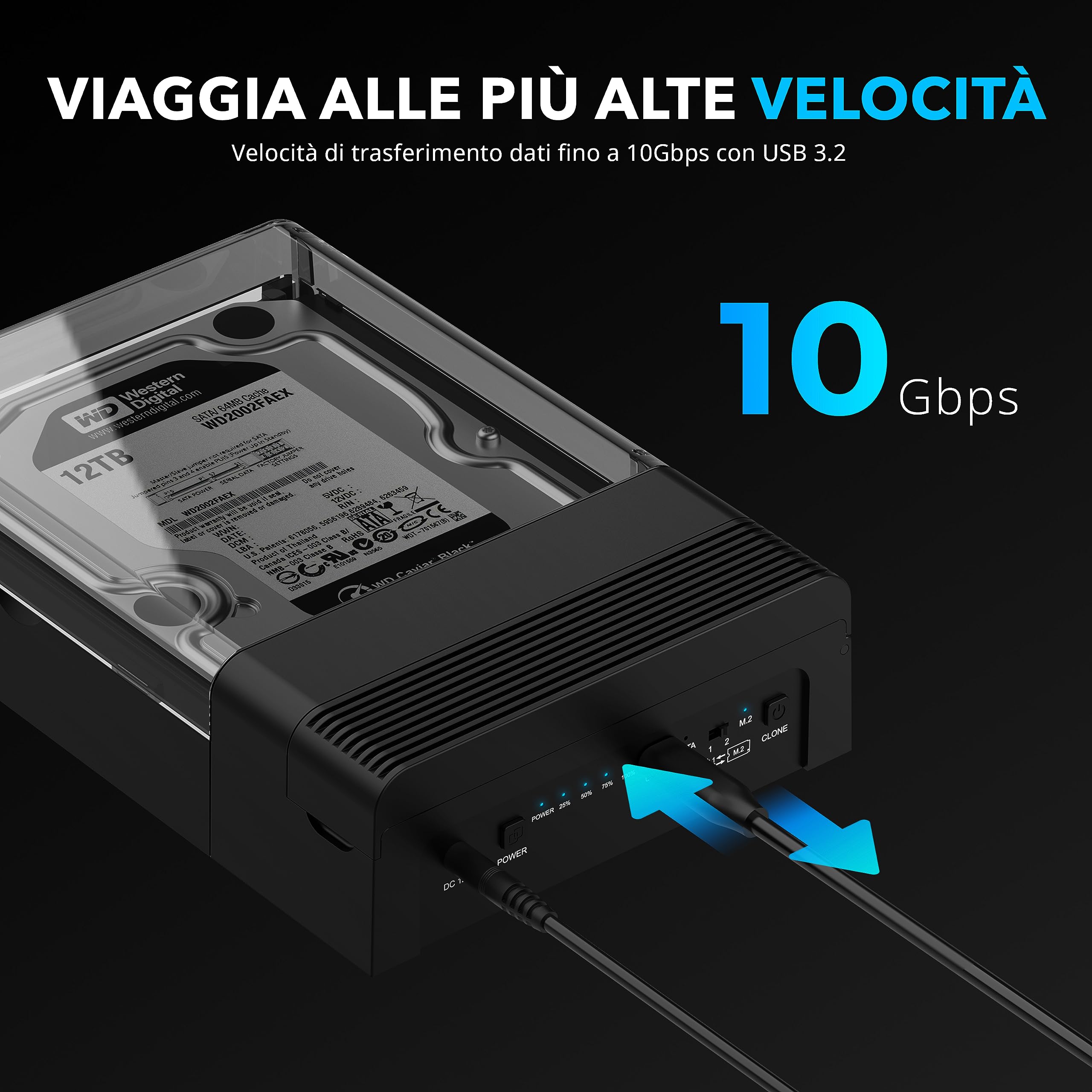 SABRENT M.2 NVMe + docking station per disco rigido SATA, SSD HDD 2,5" 3,5" SATA case dock & M2 PCIe external SSD enclosure + adattatore di alimentazione, con Offline Clone, senza attrezzi (DS-UFNC)