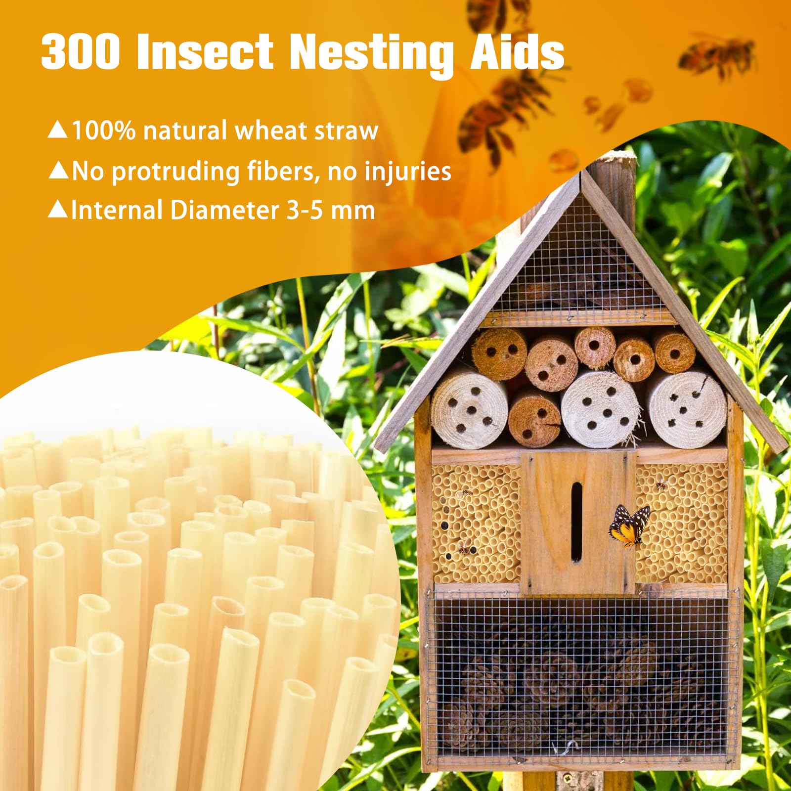 Kit Hotel de Insectos 300 Piezas - Pajitas de Trigo Tubos Nidos 14.5 cm para Abejas, Mariposas y Otros