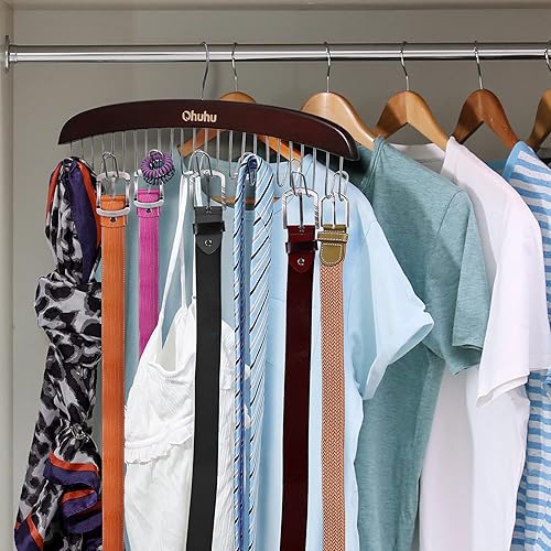 Miniatura 8 de Ohuhu - Organizador de cinturón, soporte de cinturón de madera de nogal duradero para armario, gancho giratorio de 360 grados para cinturones,