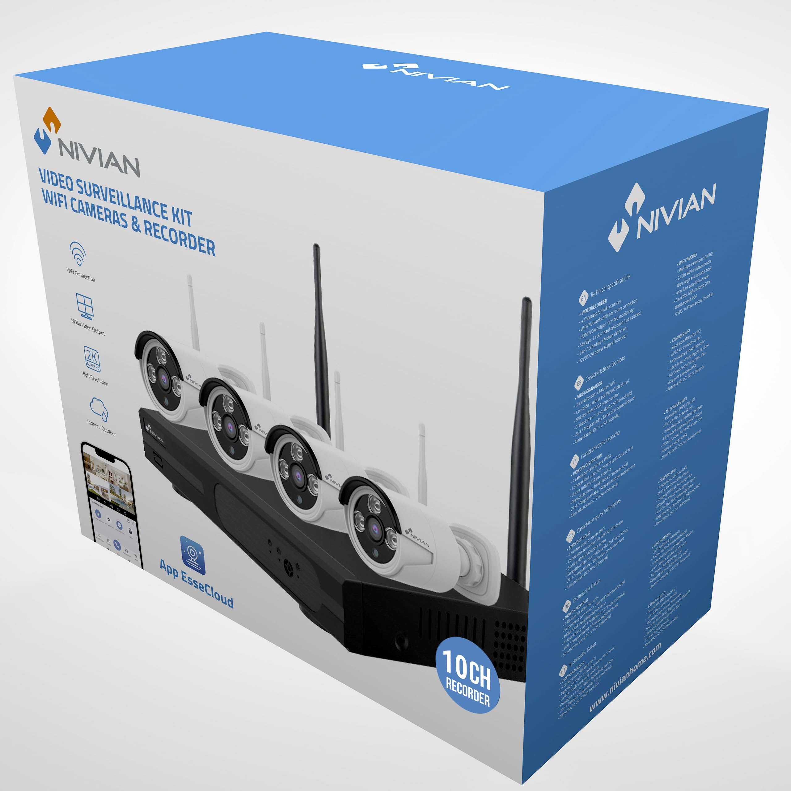NIVIAN Kit Videosorveglianza WiFi SUPERHD 2K – Sicurezza Facile da Installare per Casa o Negozio, Visione Notturna, Rilevamento Umano Intelligente, Controllo da App – 4 Telecamere + NVR 8CH + HDD 1TB