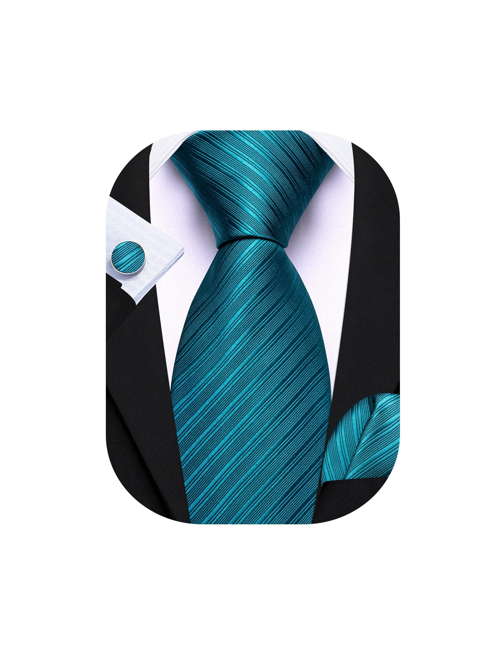 Barry.Wang Teal Tie for Men Solid Striped Silk Necktie Pocket Square Cufflinks Formal Wedding Party Business