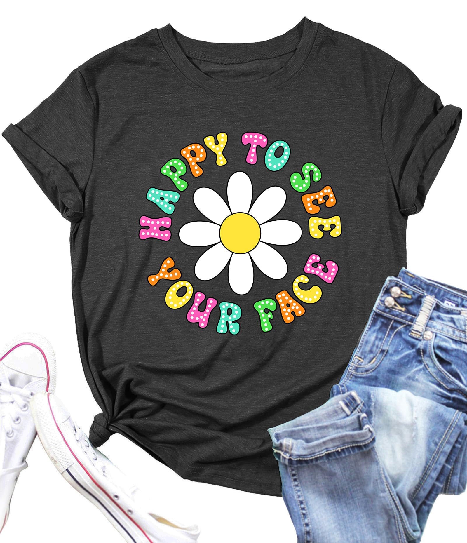 YI XIANG RANHappy to See Your Face Shirt: Women Funny Teacher T-Shirt First Day of School Shirts Groovy Back to School Tee Top